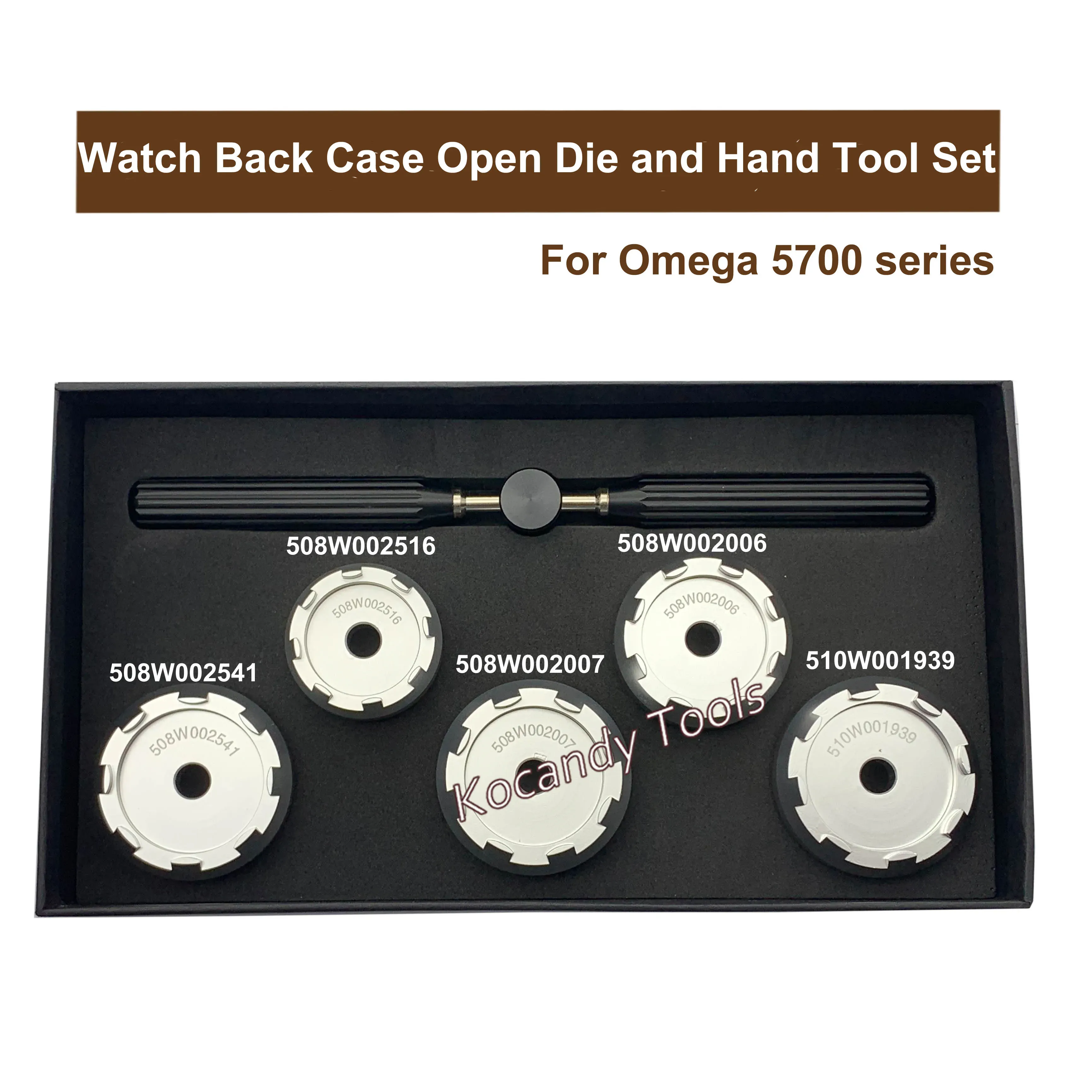Black case holding rows of round watch back dies for Omega 5700