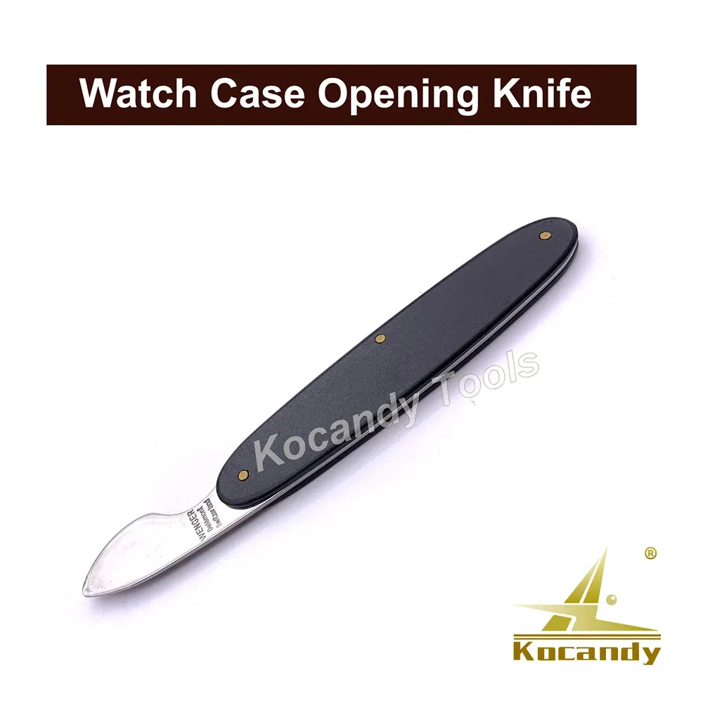 Black-handled watch case opening knife on white