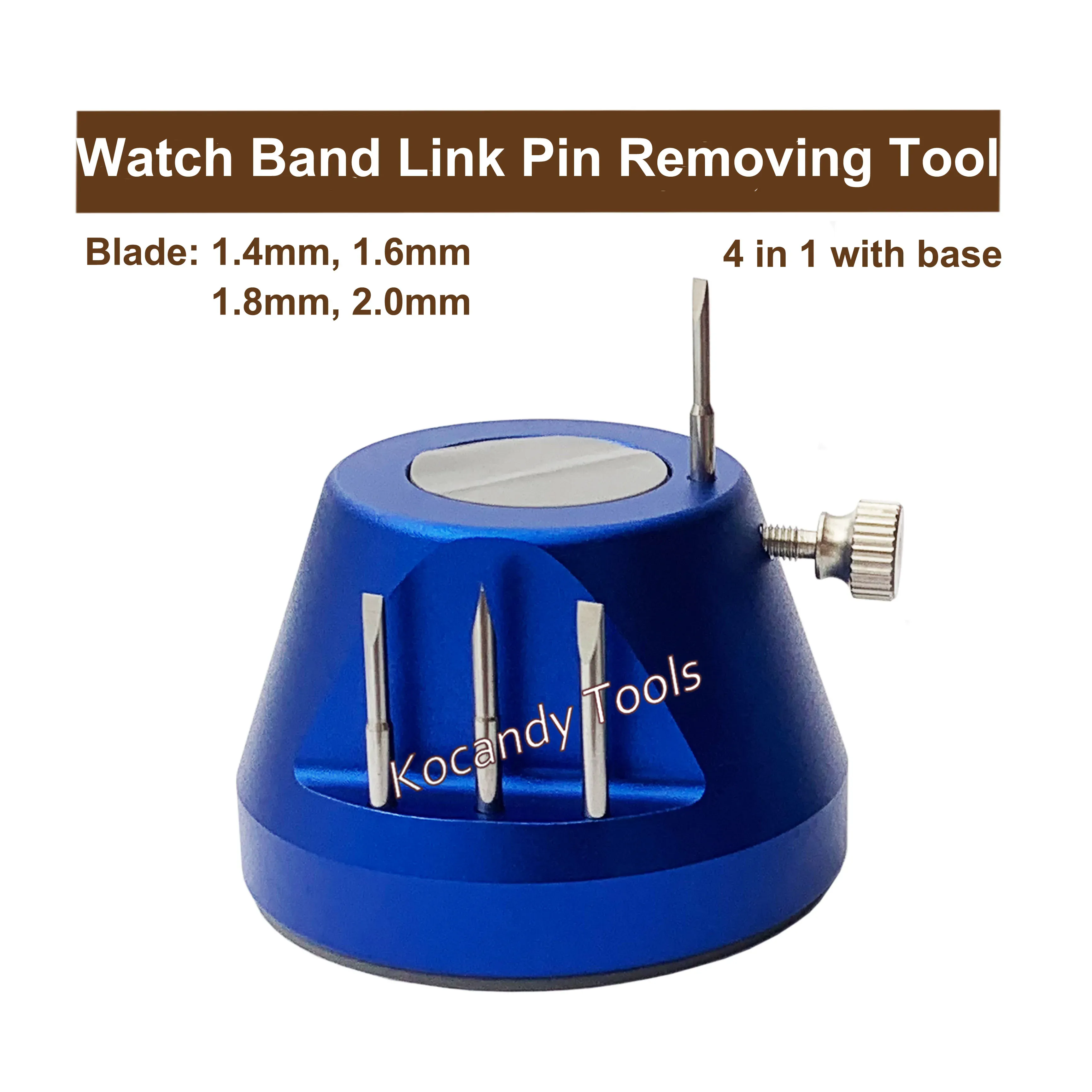Blue rotating pin remover stand with two spare tips and size marks