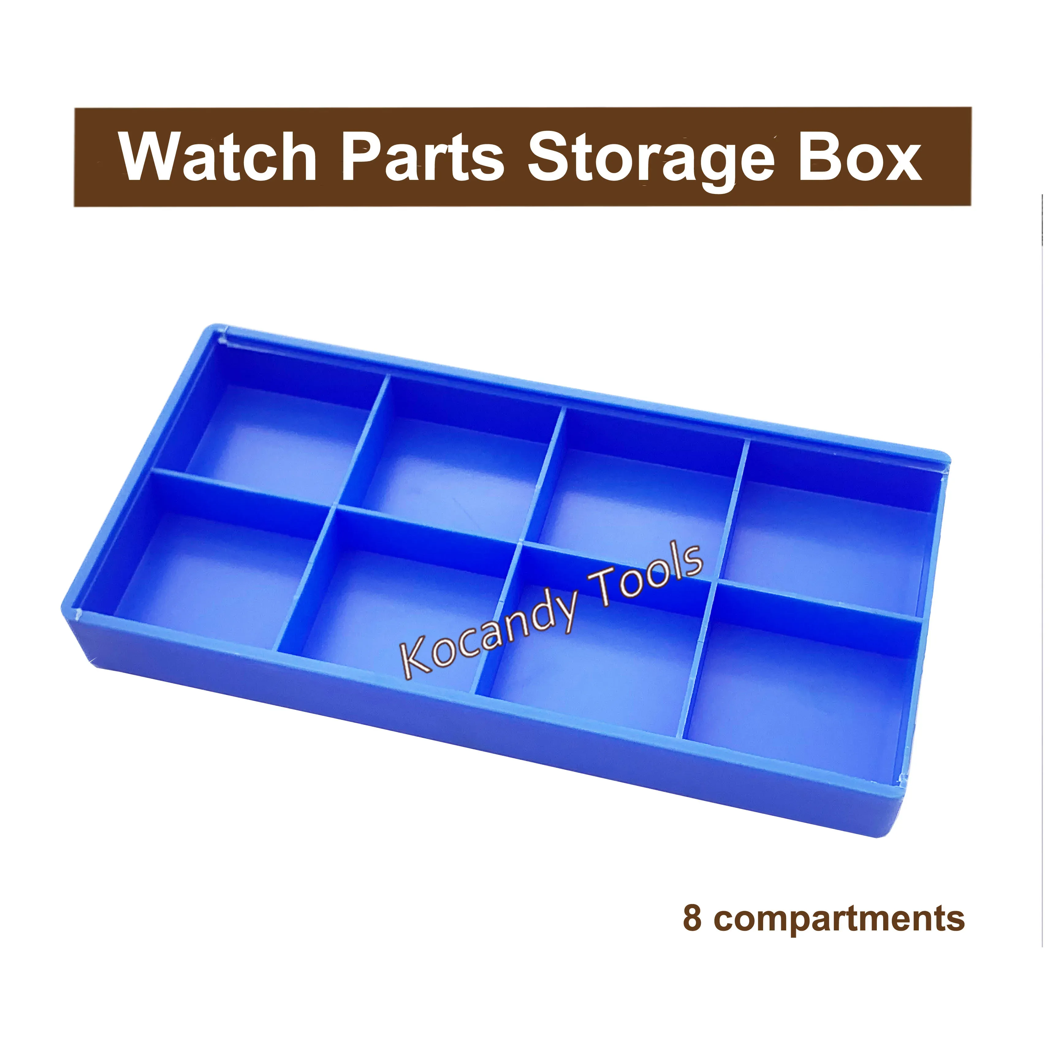 Blue parts organizer tipped to reveal its eight-section interior