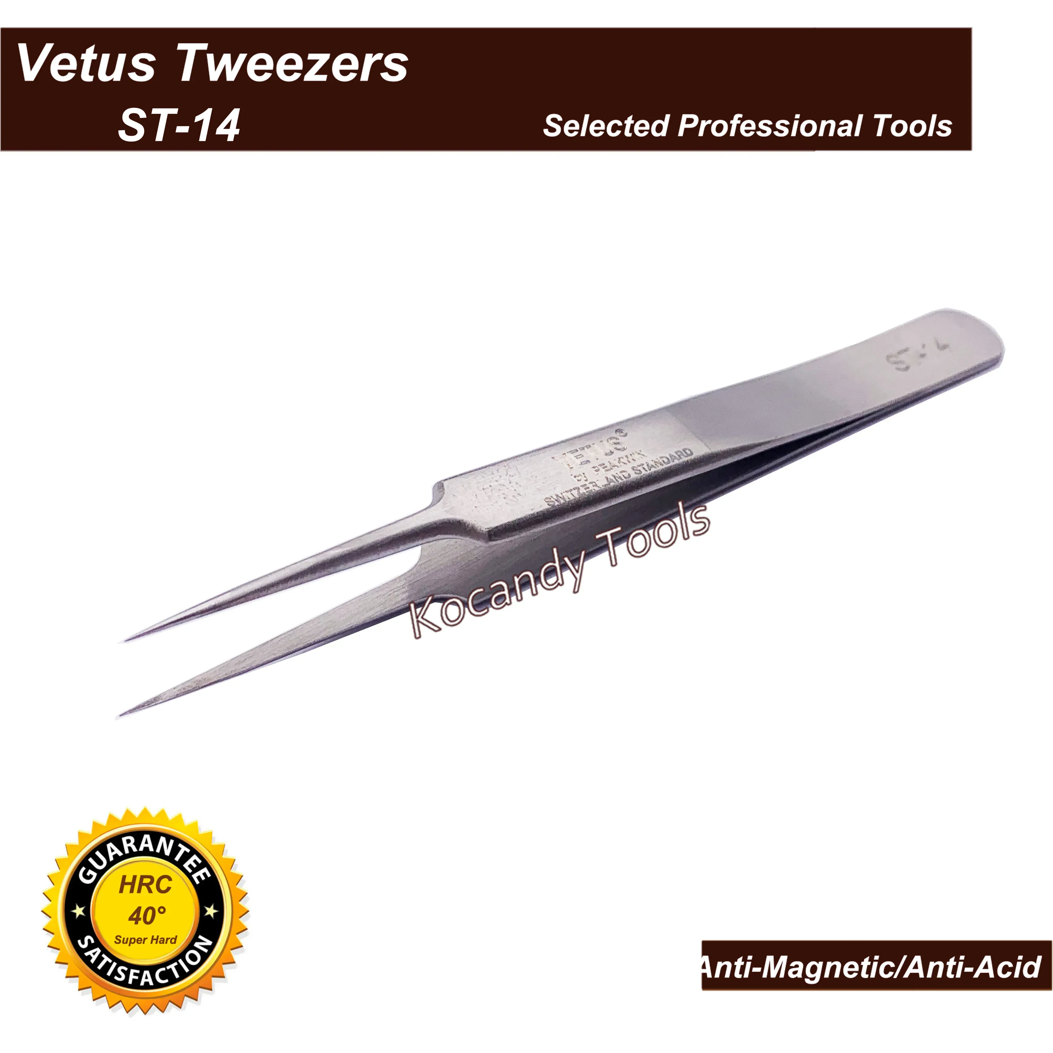 Close-up of ST-14 straight fine tip tweezers on white