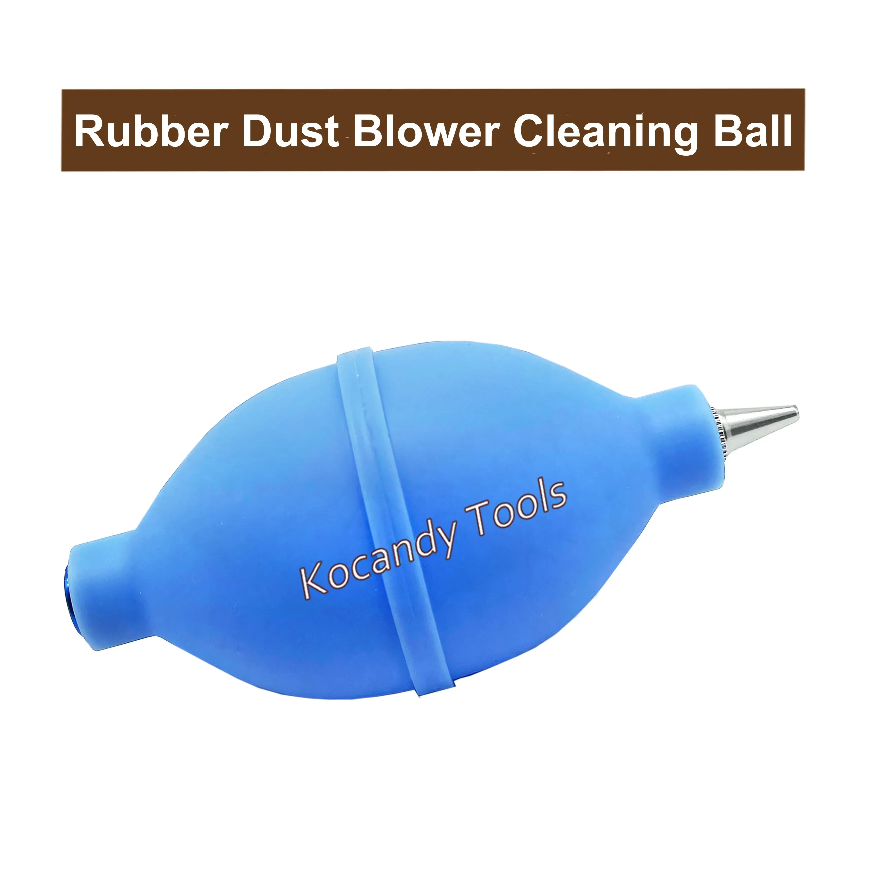 Blue rubber dust blower bulb with a metal nozzle pointing left