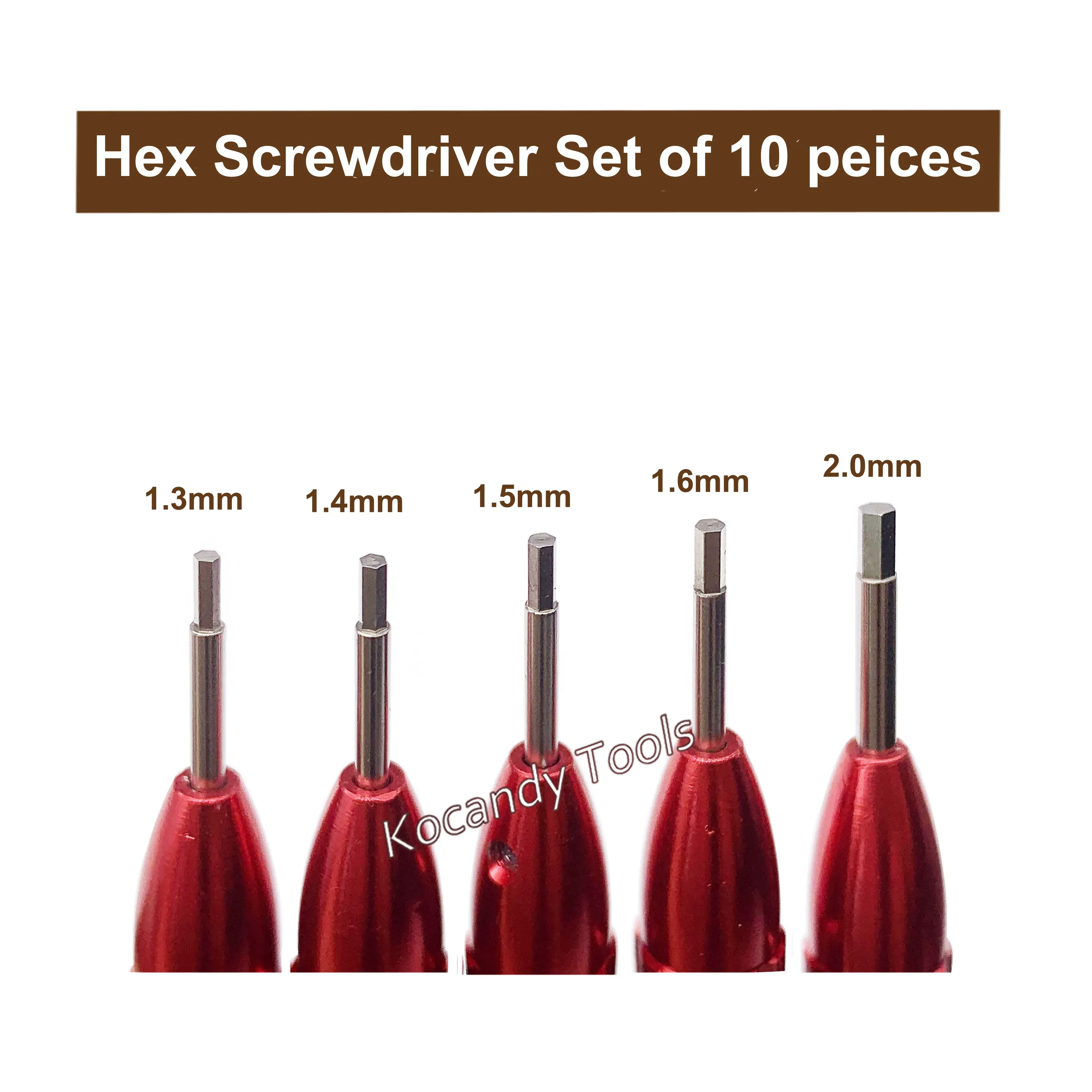 Row of five red hex screwdrivers with size labels beneath