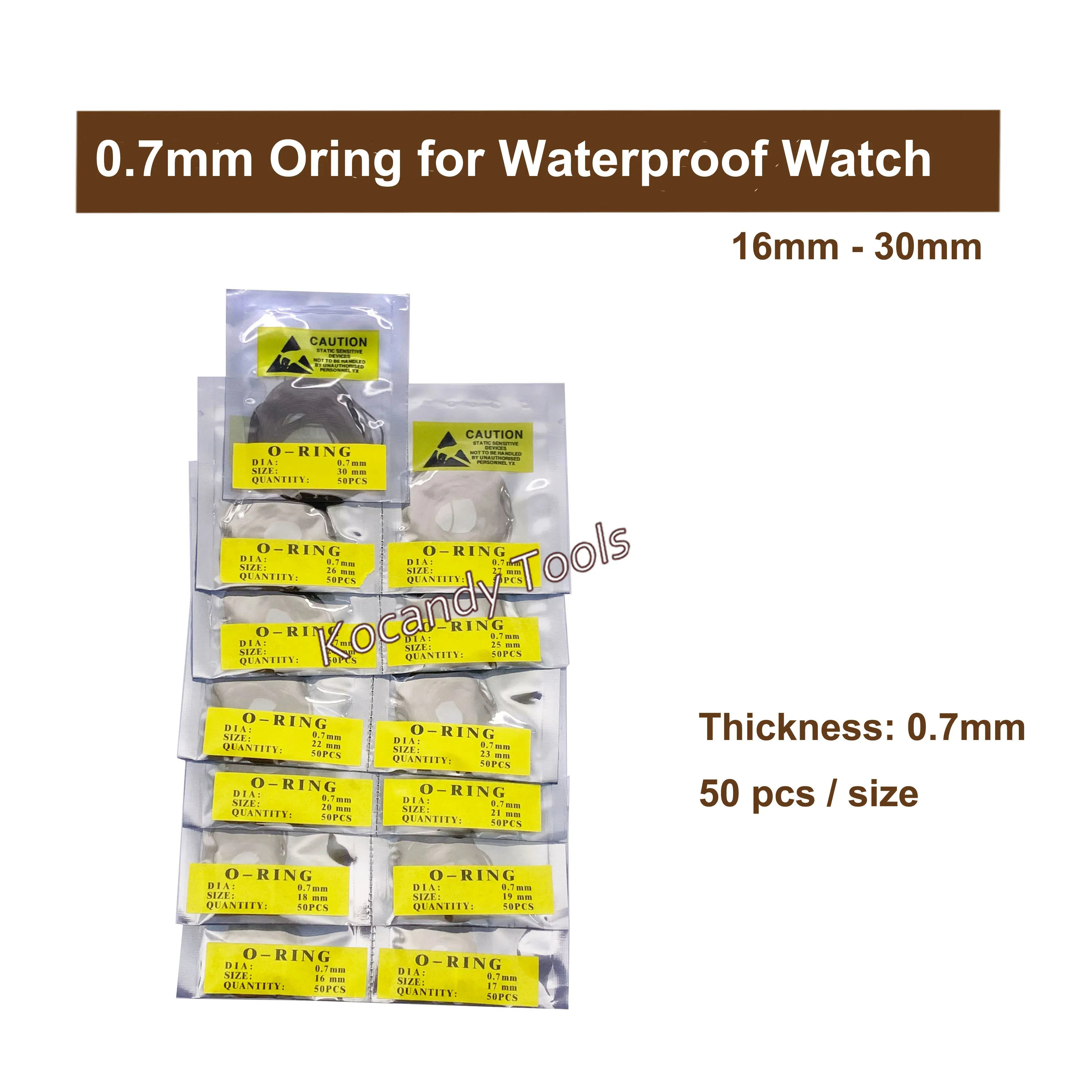 Stacked yellow retail bags of 0.7mm gaskets, 90 pieces per size