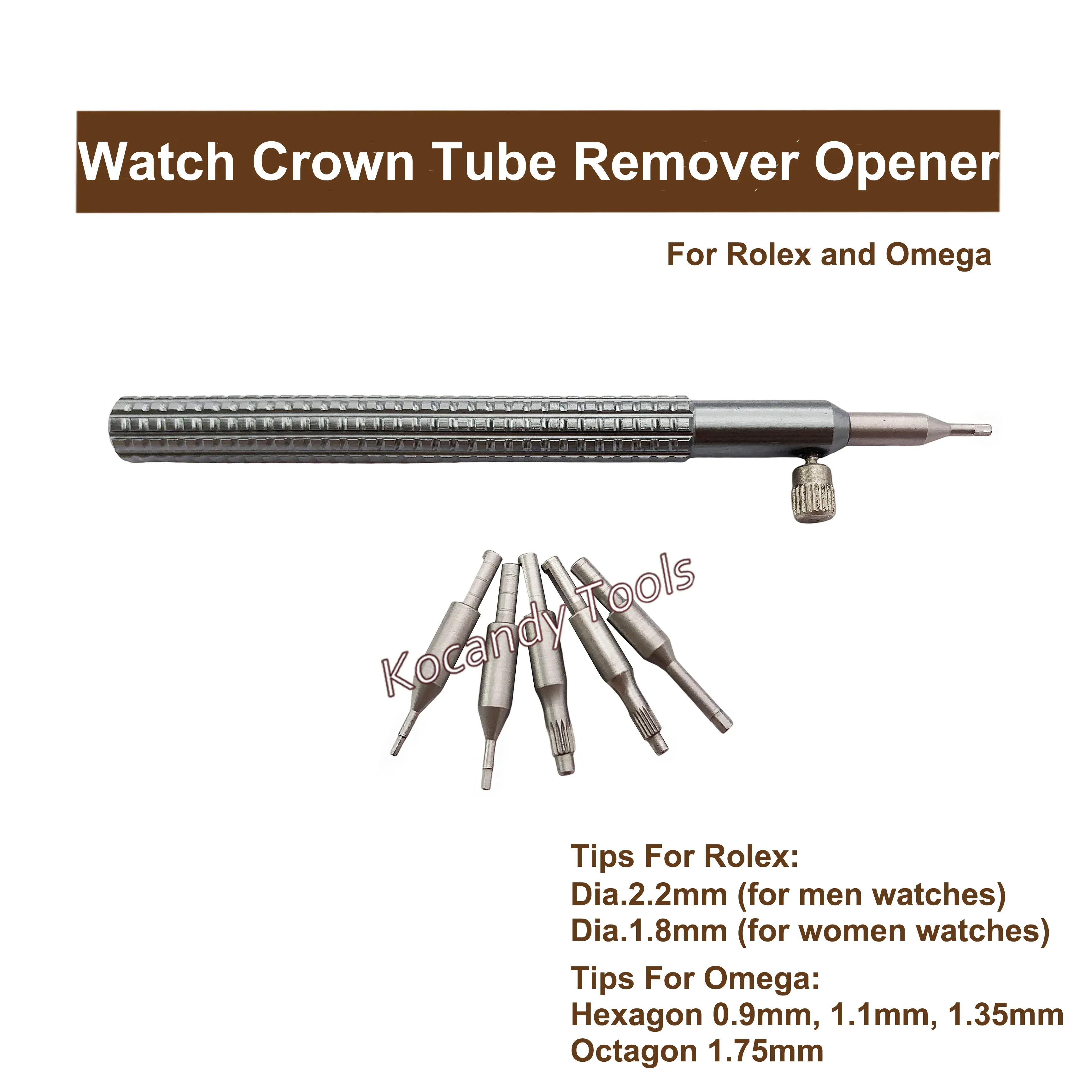 Crown tube remover handle with several interchangeable tips laid below