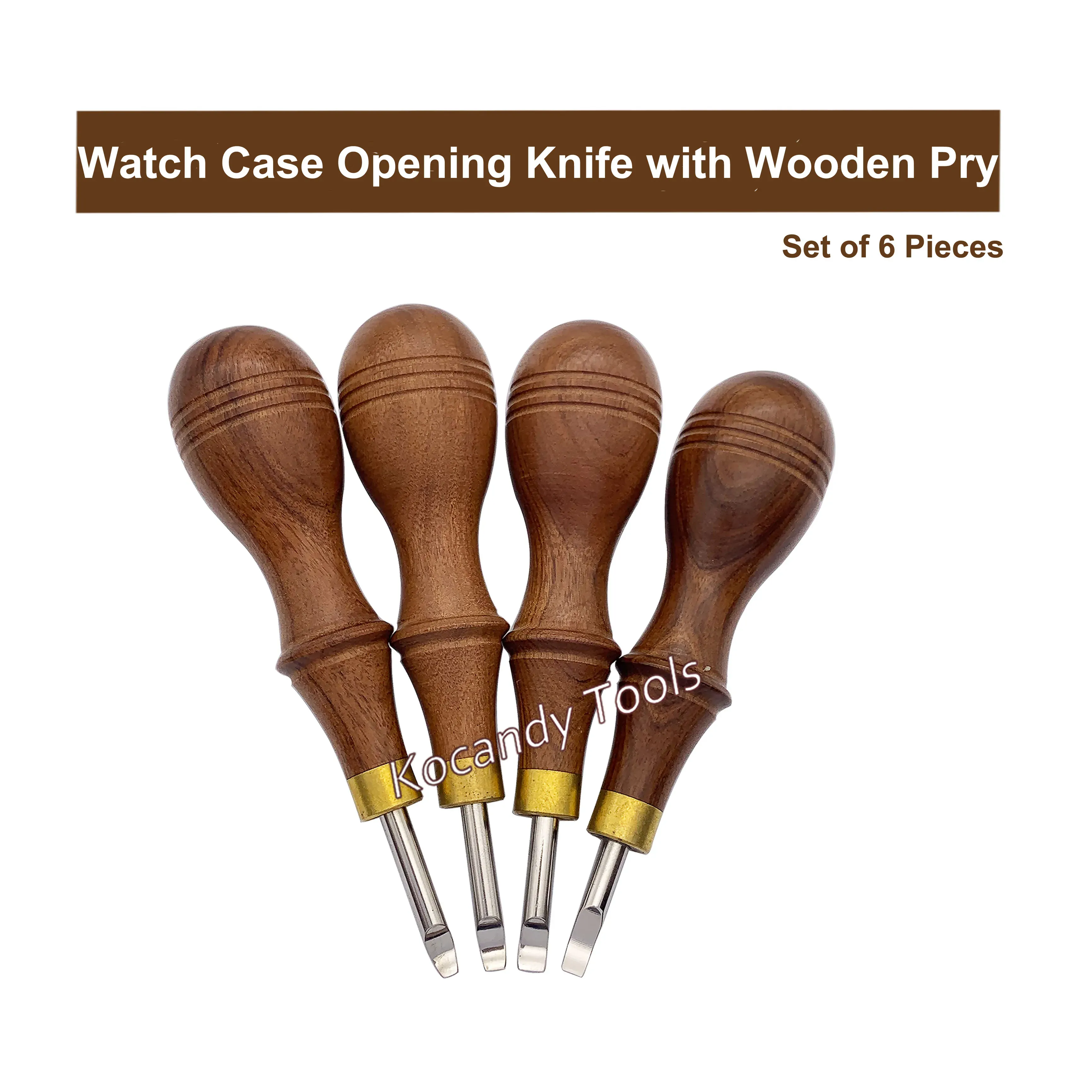 Three watch case opening tools with rounded bulbous wooden handles