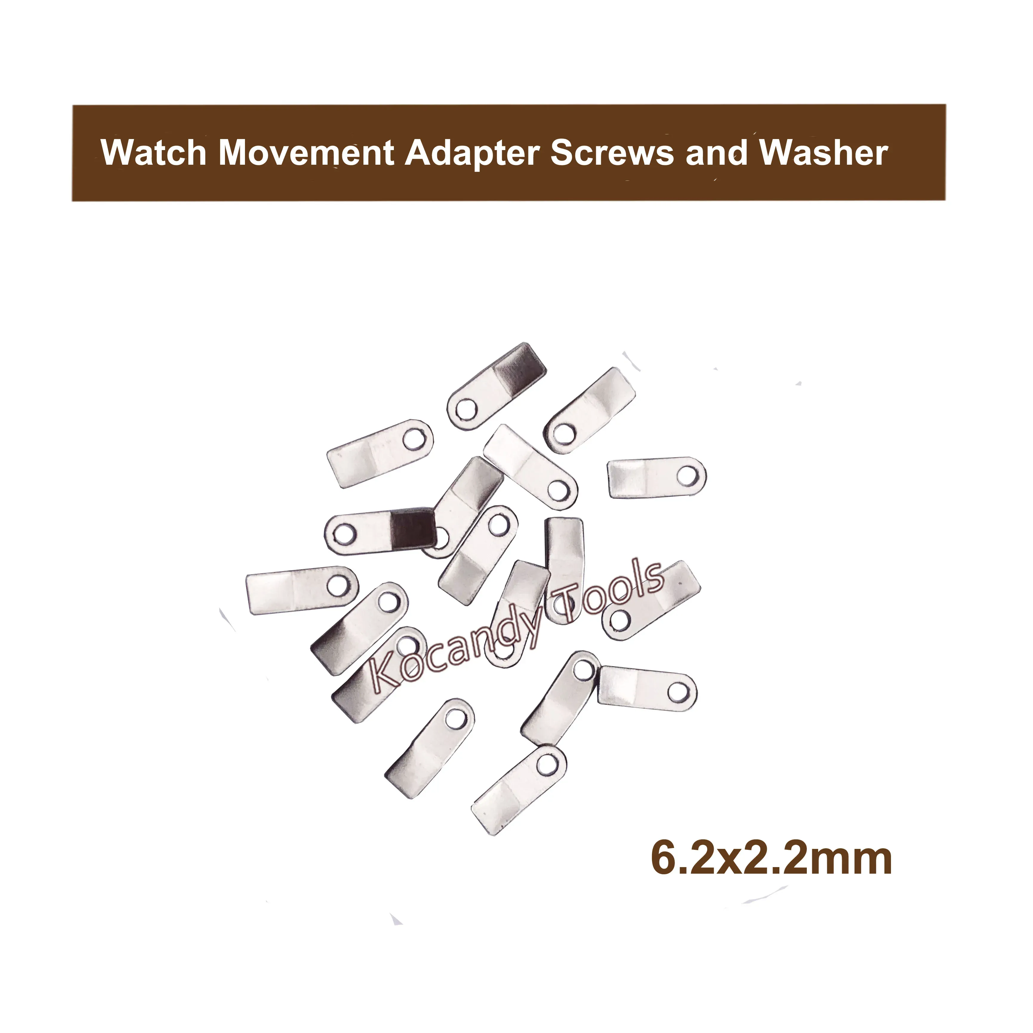 Scattered tiny movement fixing adapters on a white background