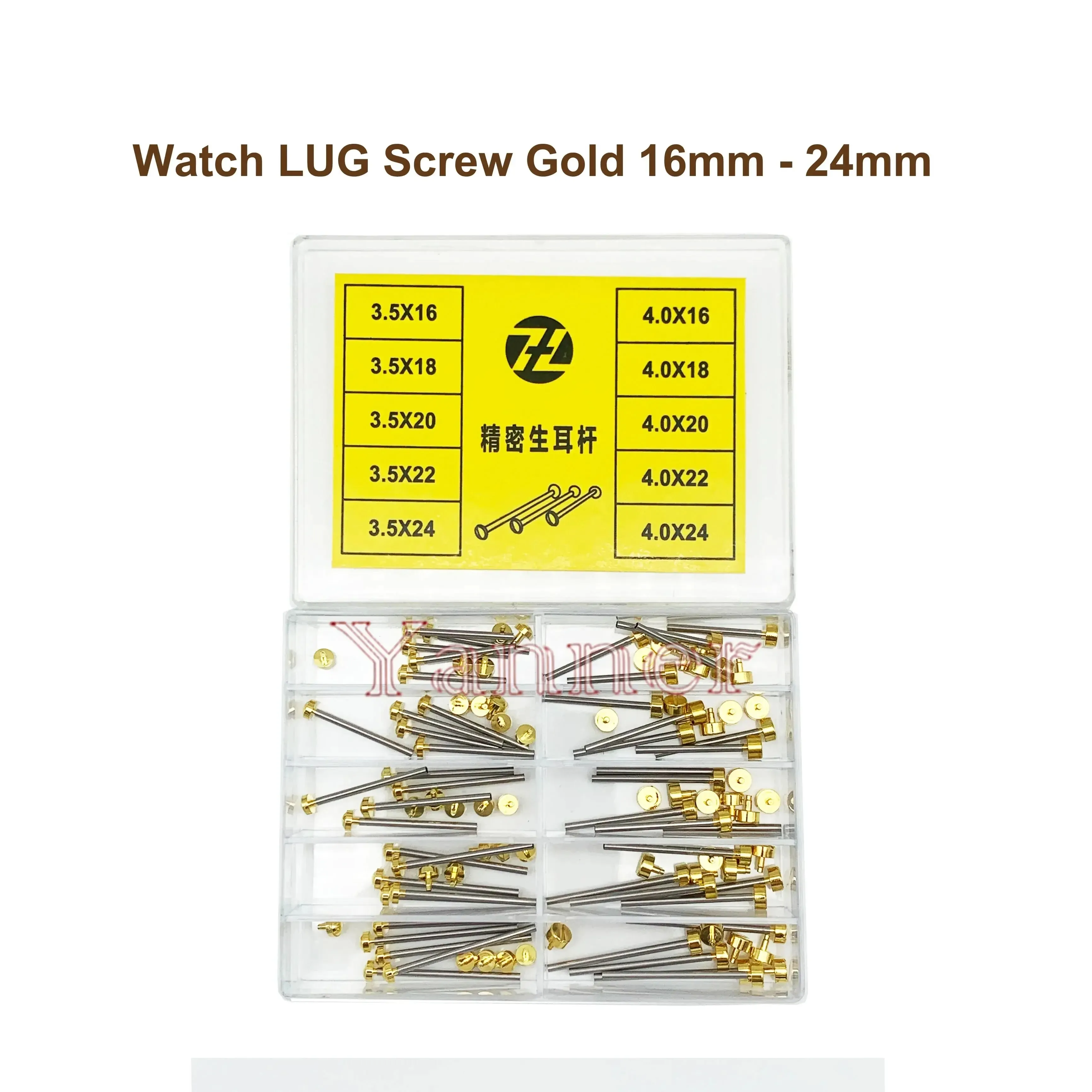 Gold band screws in retail packaging with a yellow label and size chart