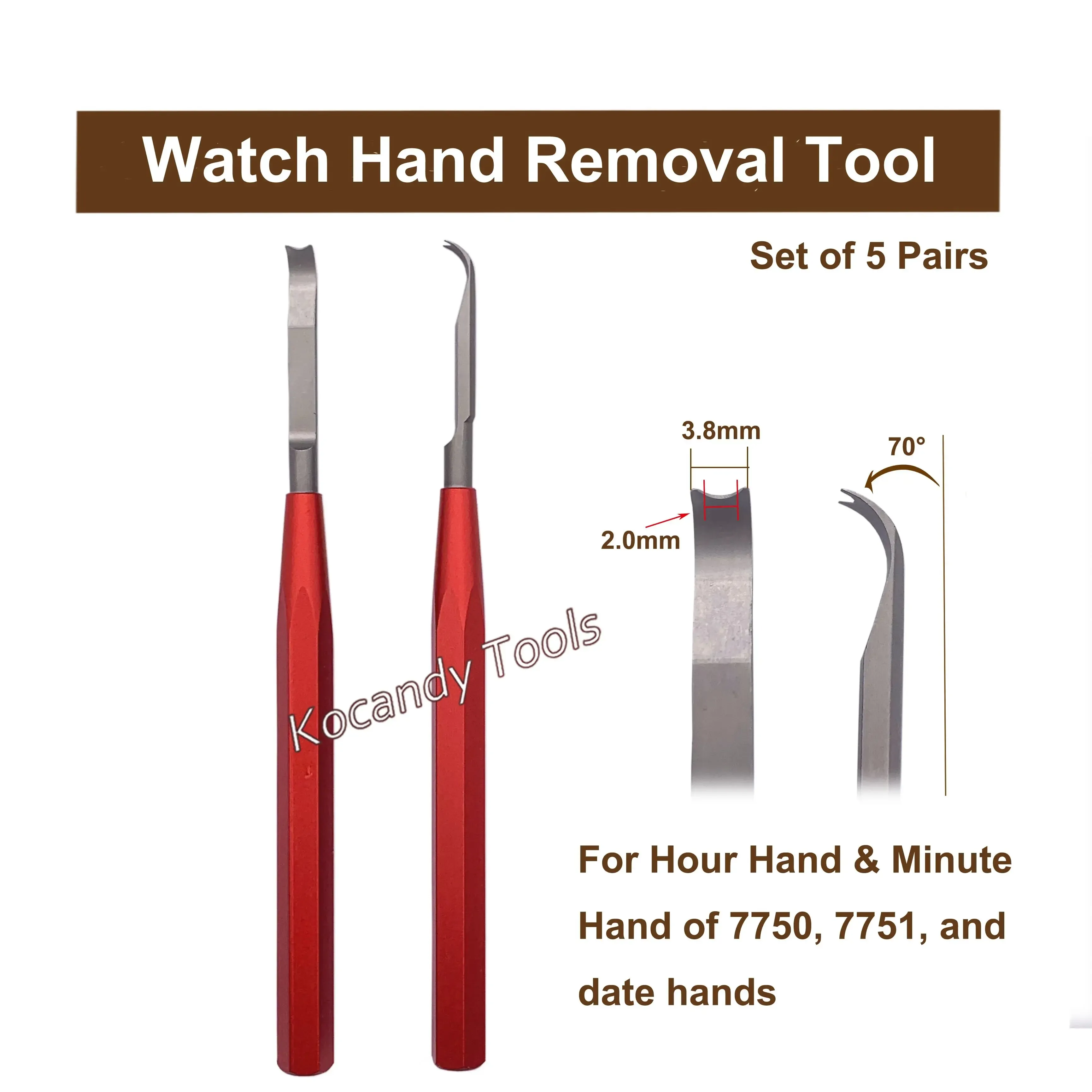 Red-handled watch hand puller with two spare brass tips, set of three