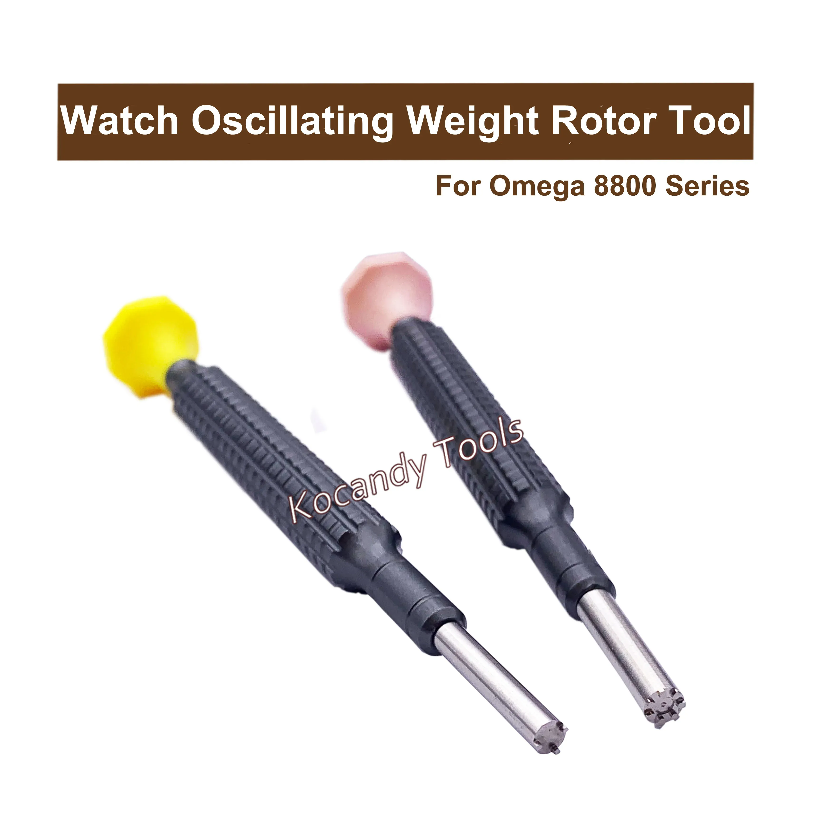 Two screwdrivers with yellow and pink caps beside tip close-ups