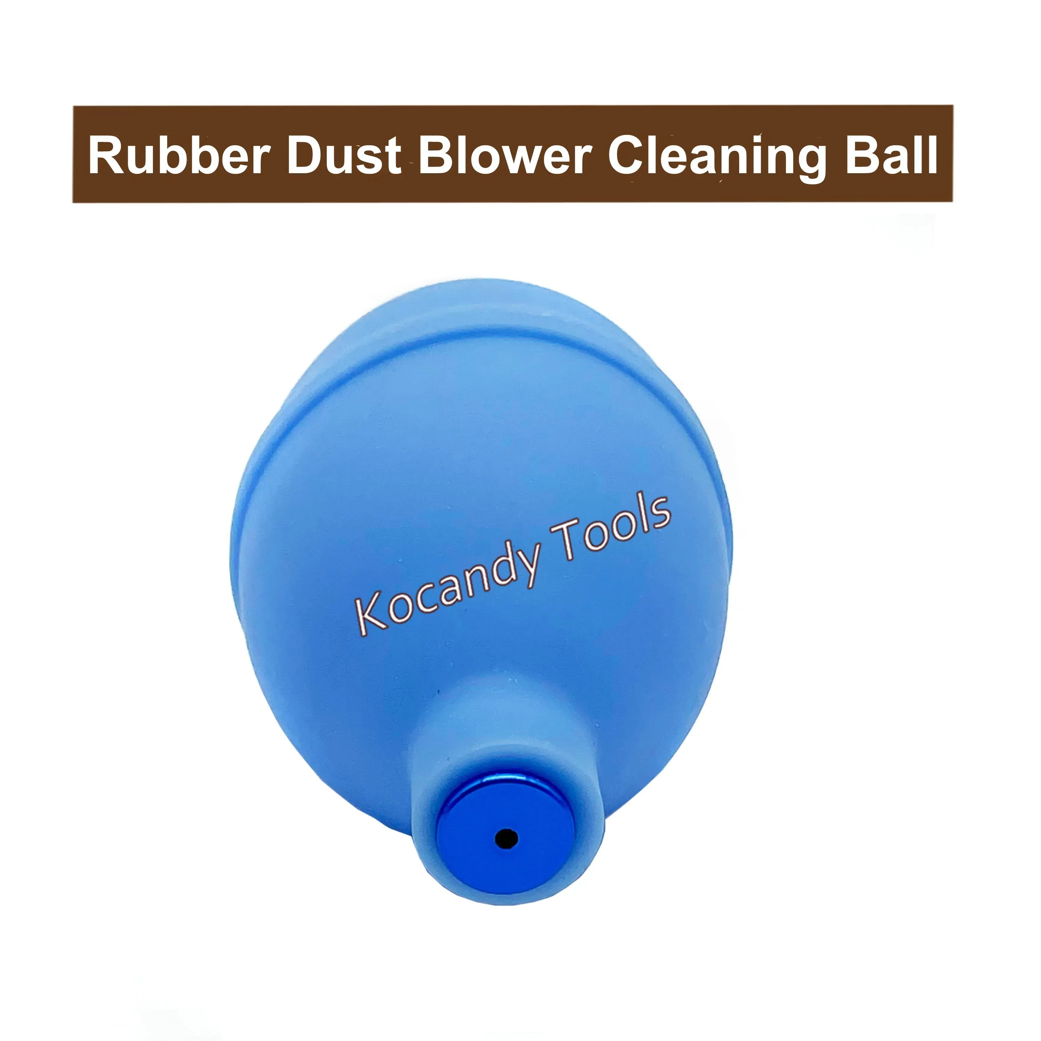 Blue dust blower with its metal tip angled downward