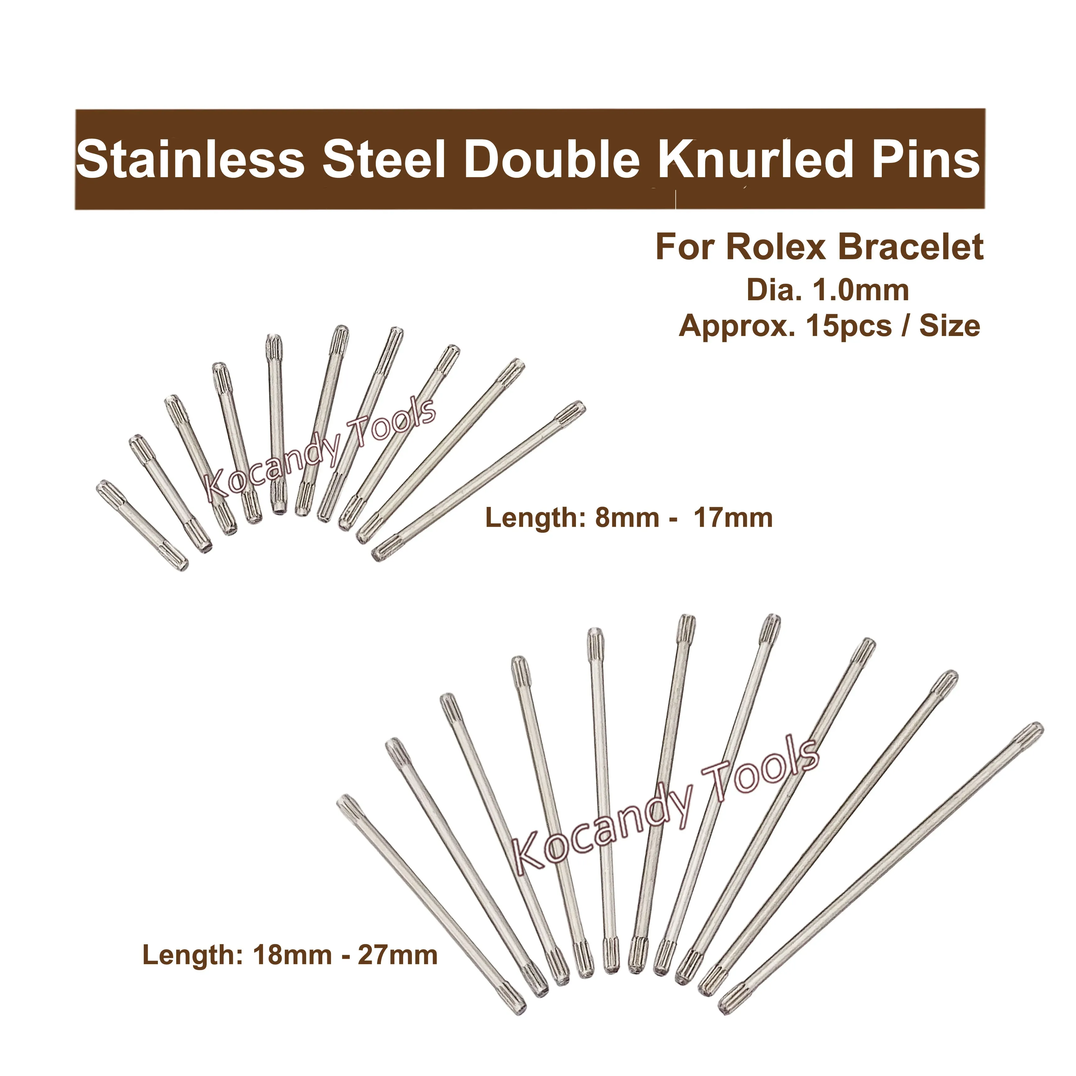 Fan of stainless double knurled pins marked 1.5 mm diameter and 30 mm length
