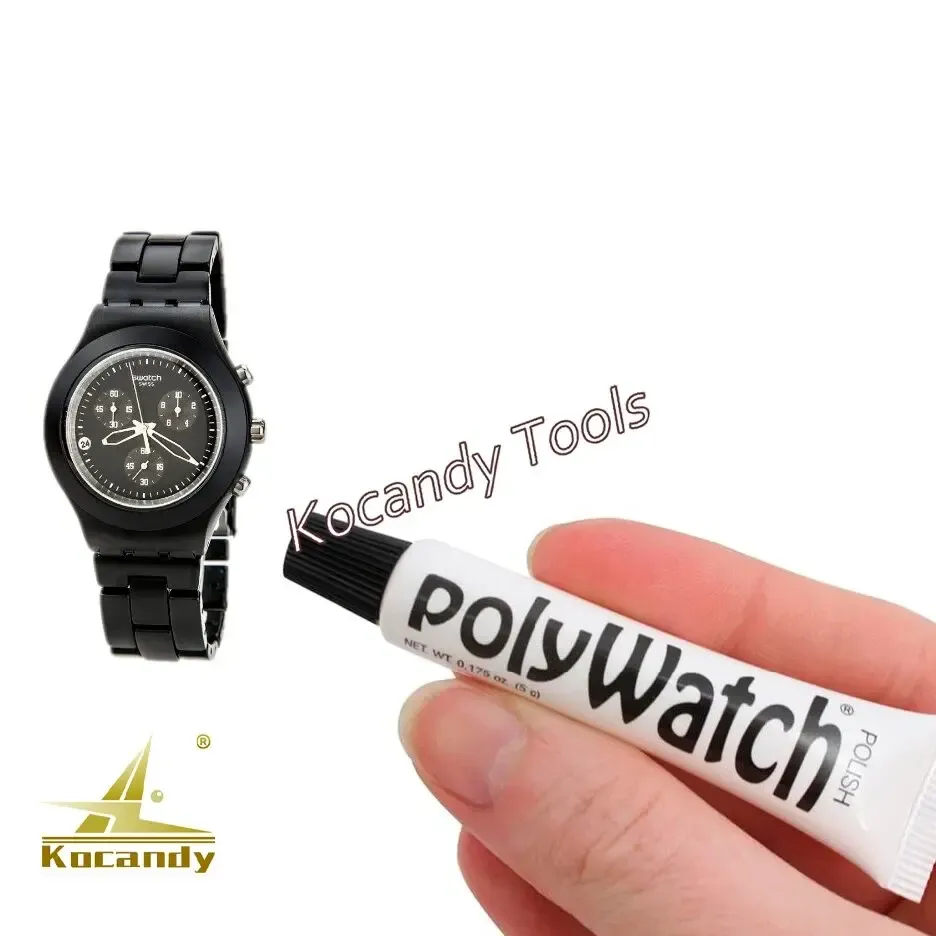 Hand holding a PolyWatch tube beside a black wristwatch