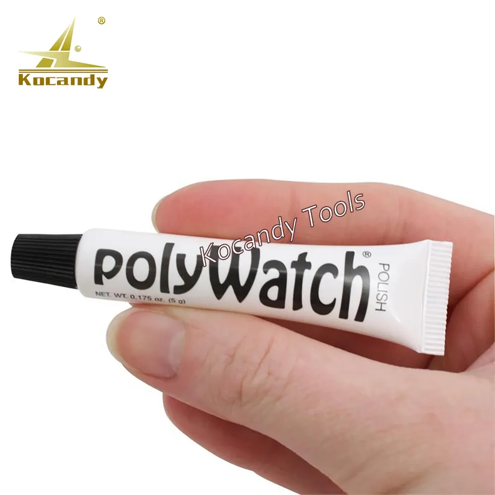 Hand holding the white Polywatch polish tube with black lettering