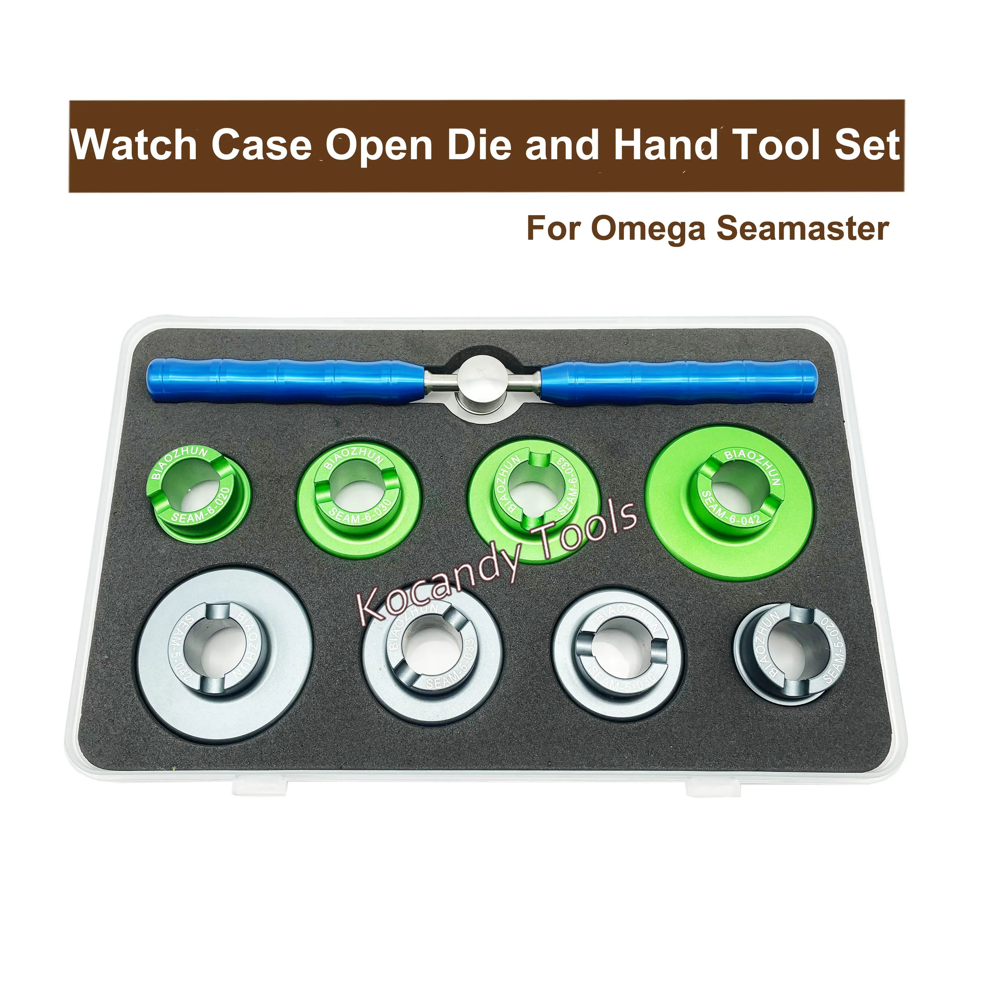 Black tray holding green dies with the blue wrench tool across it