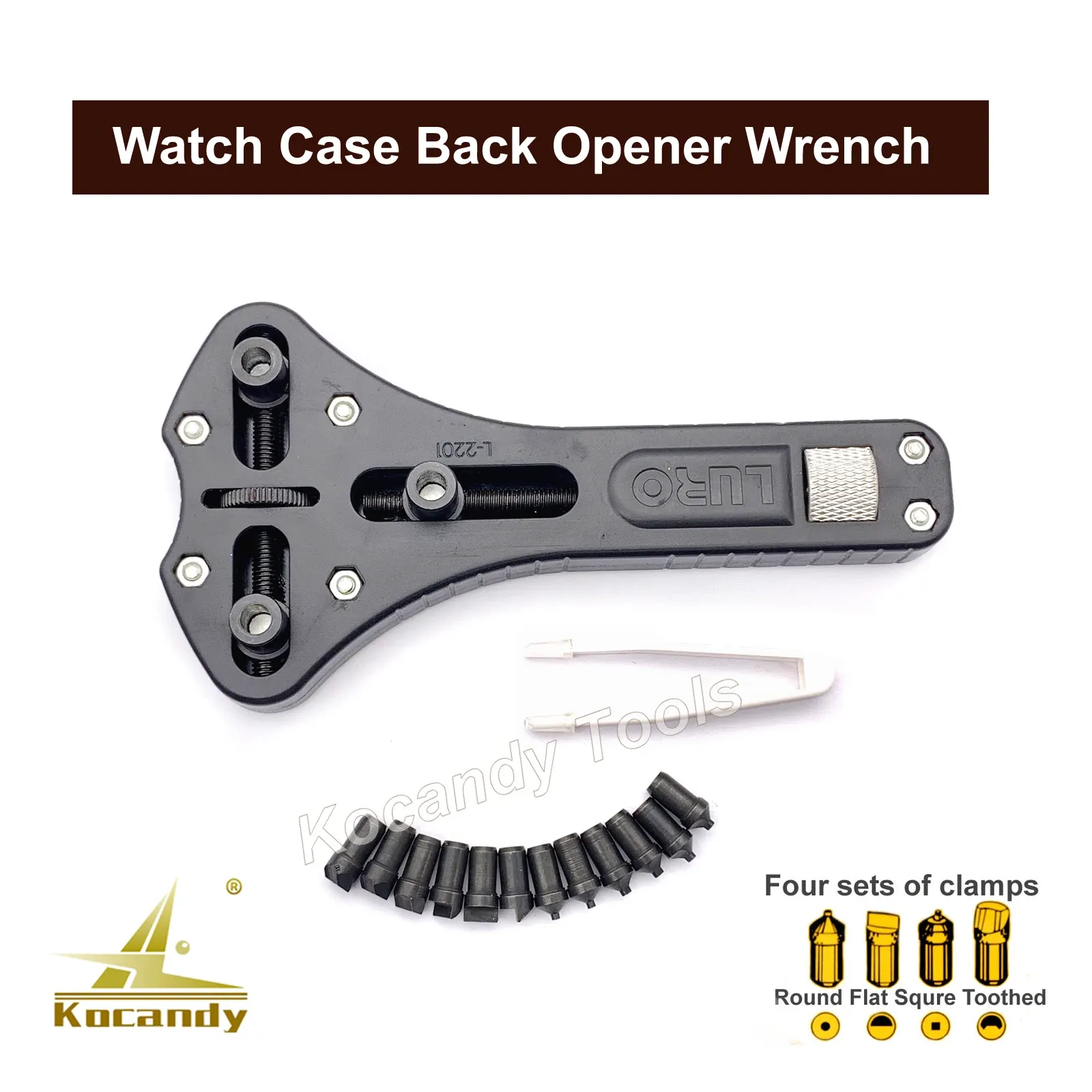 Silver Jaxa wrench with black handle and black dies beside it