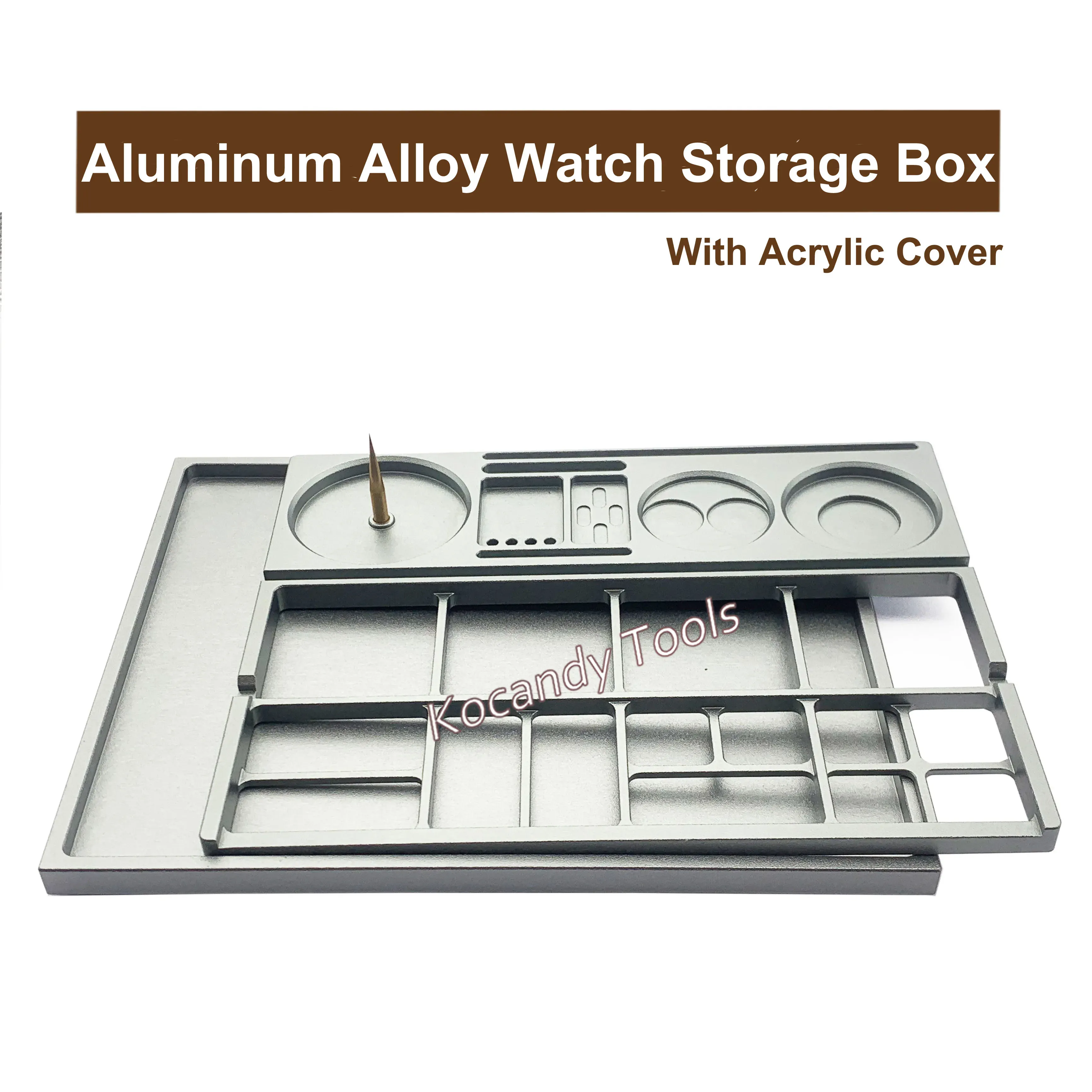 Aluminium storage box with acrylic lid revealing compartment trays inside