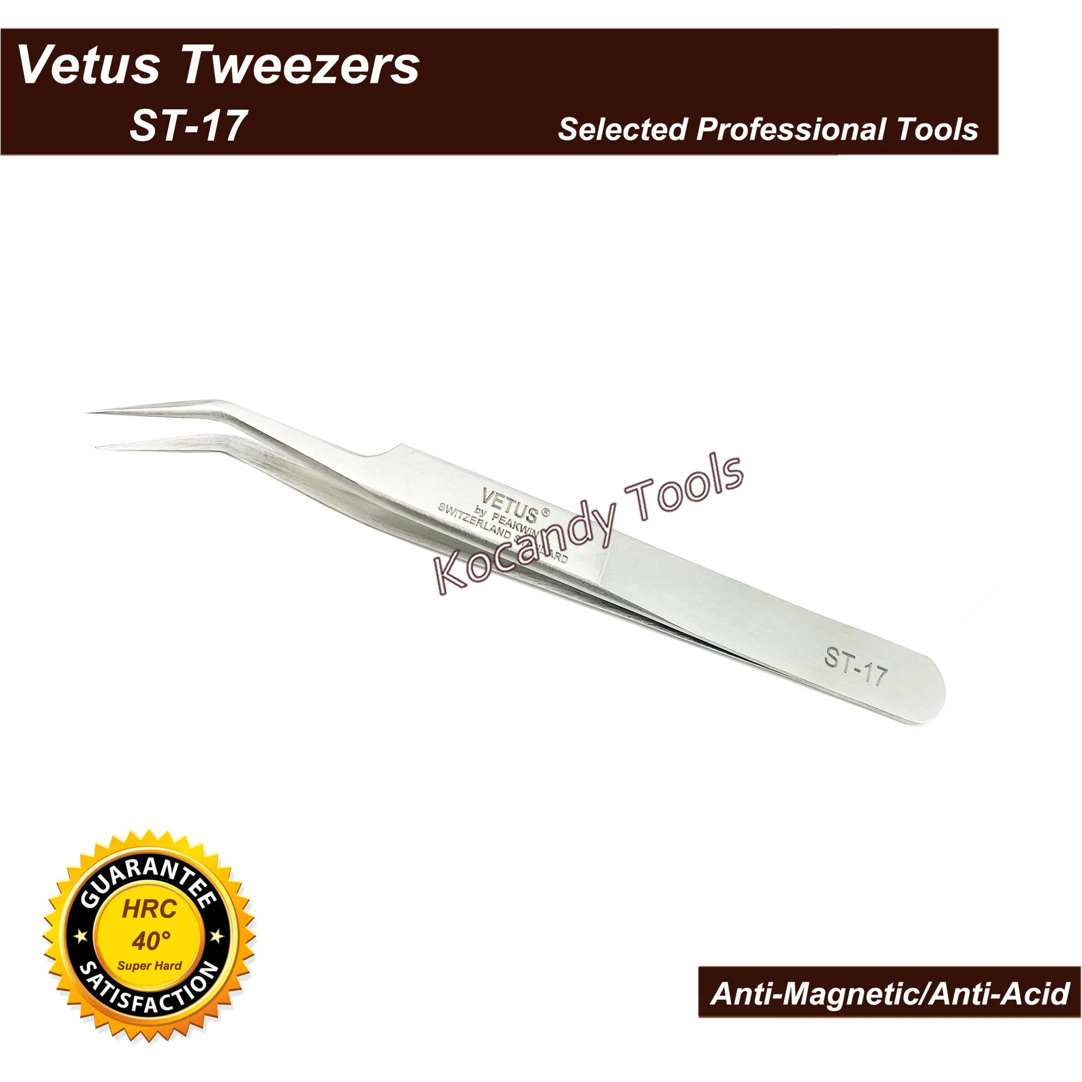 Two super fine Vetus tweezers on a white background