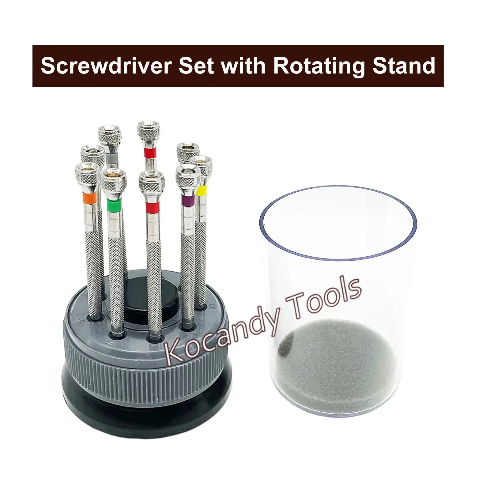 Nine screwdrivers standing in a circular rotating stand with spare blade tray
