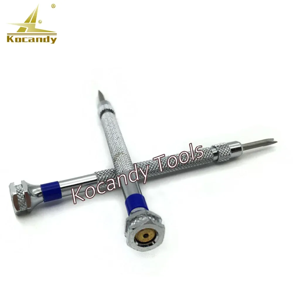 Two Hublot H-screwdrivers crossed with blue-tipped ends