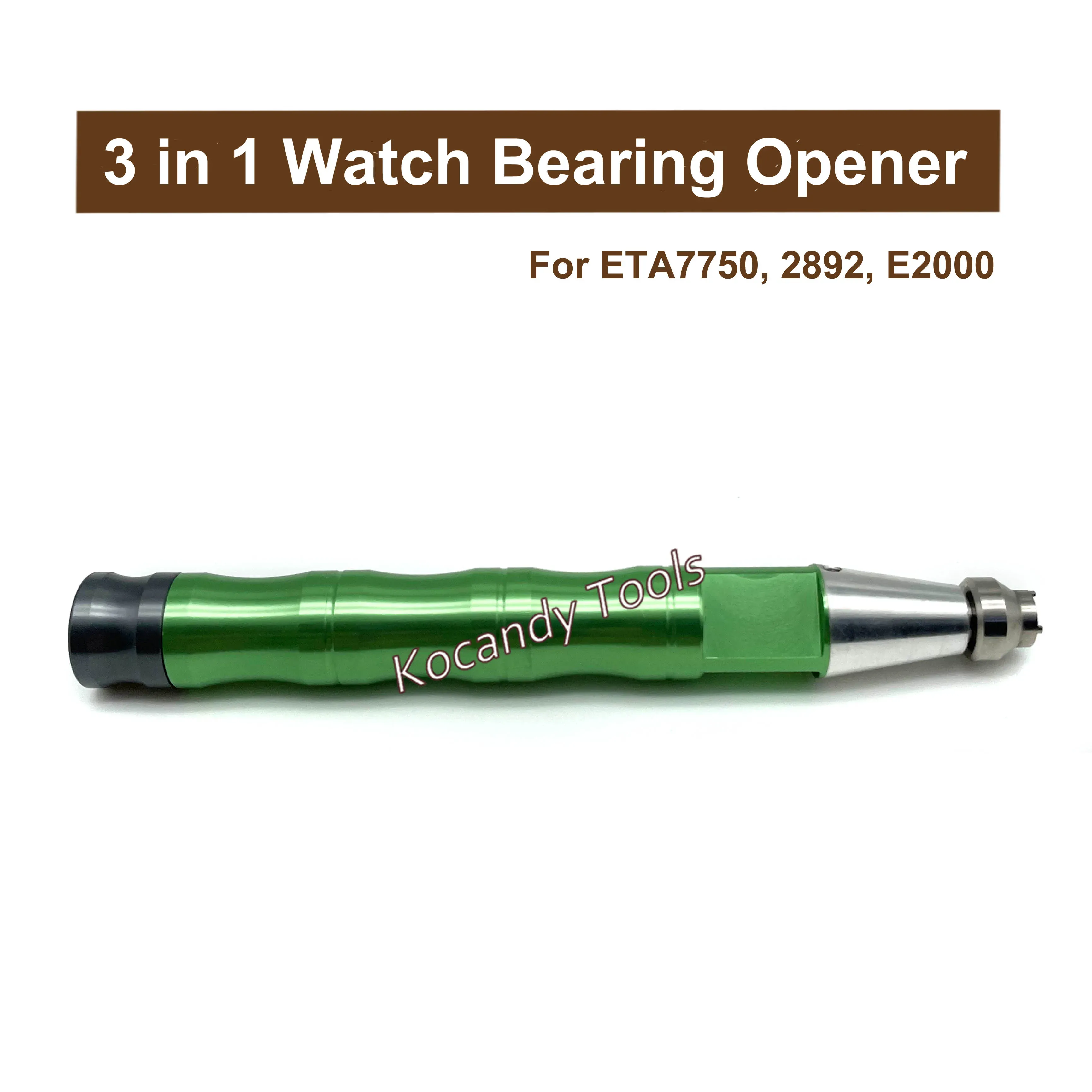 Green anodised 3-in-1 watch tool lying horizontally