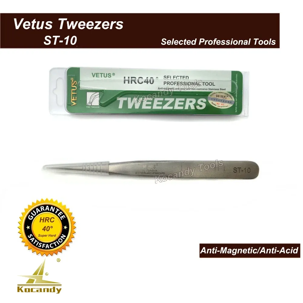 Vetus ST-10 straight tip tweezers beside a green anti-magnetic packing box