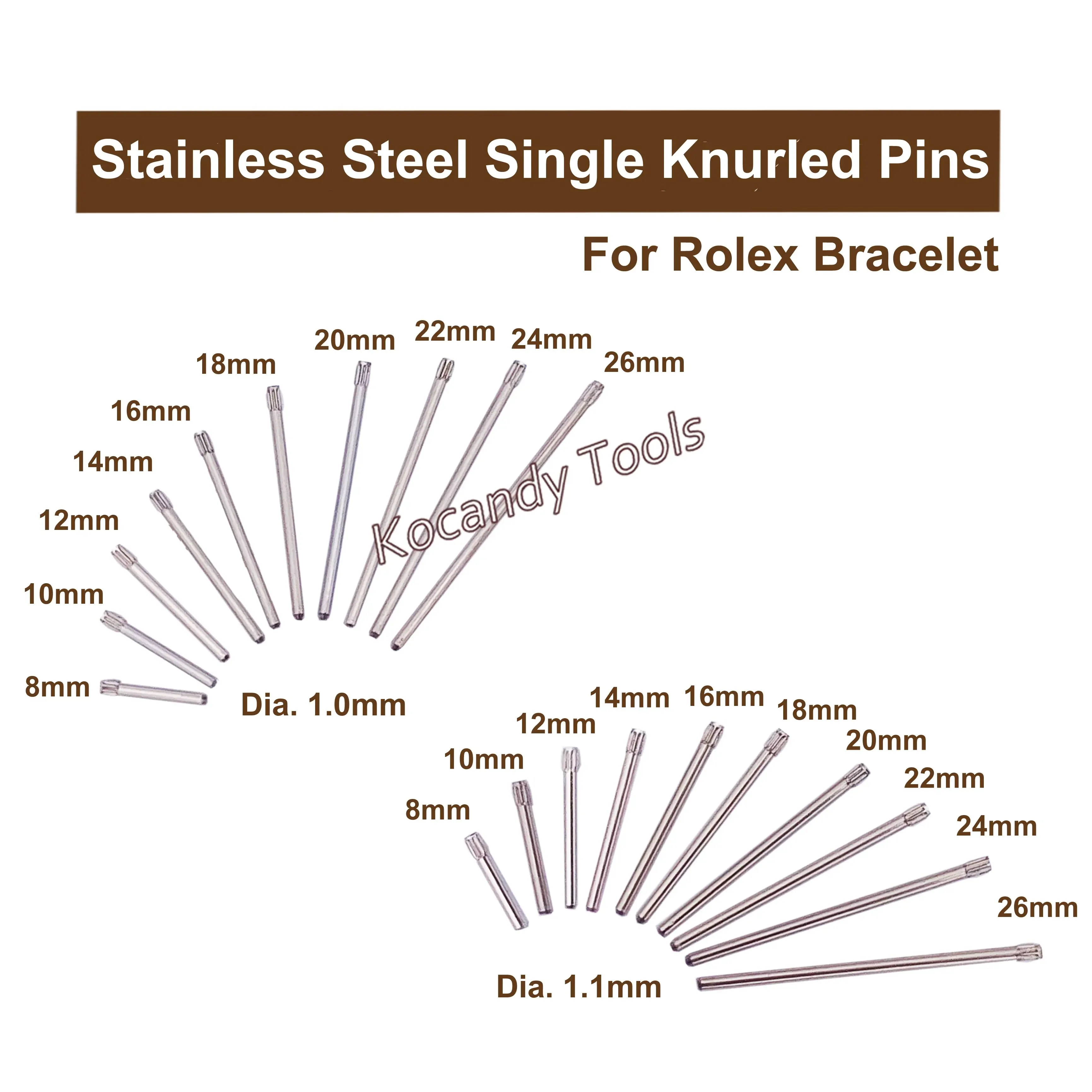 Silver single knurled bracelet pins fanned with a 1.5 mm diameter label