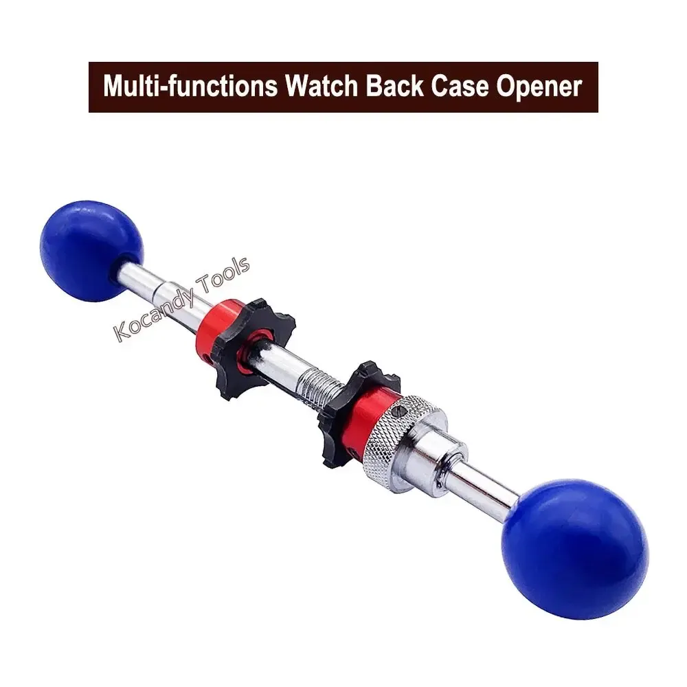 Steel case back opener with blue ball ends shown at an angle