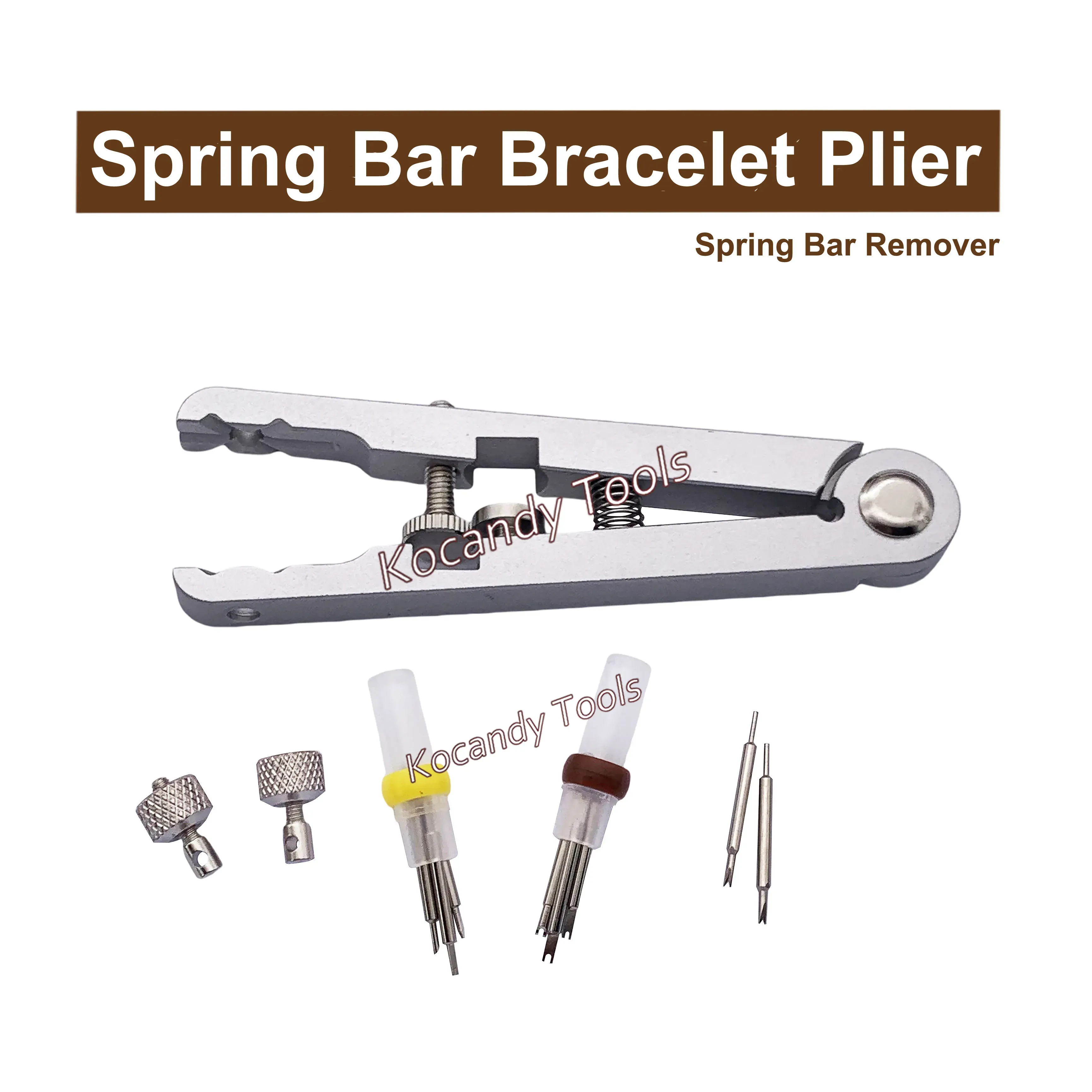 Spring bar pliers with several interchangeable tips in a small dish