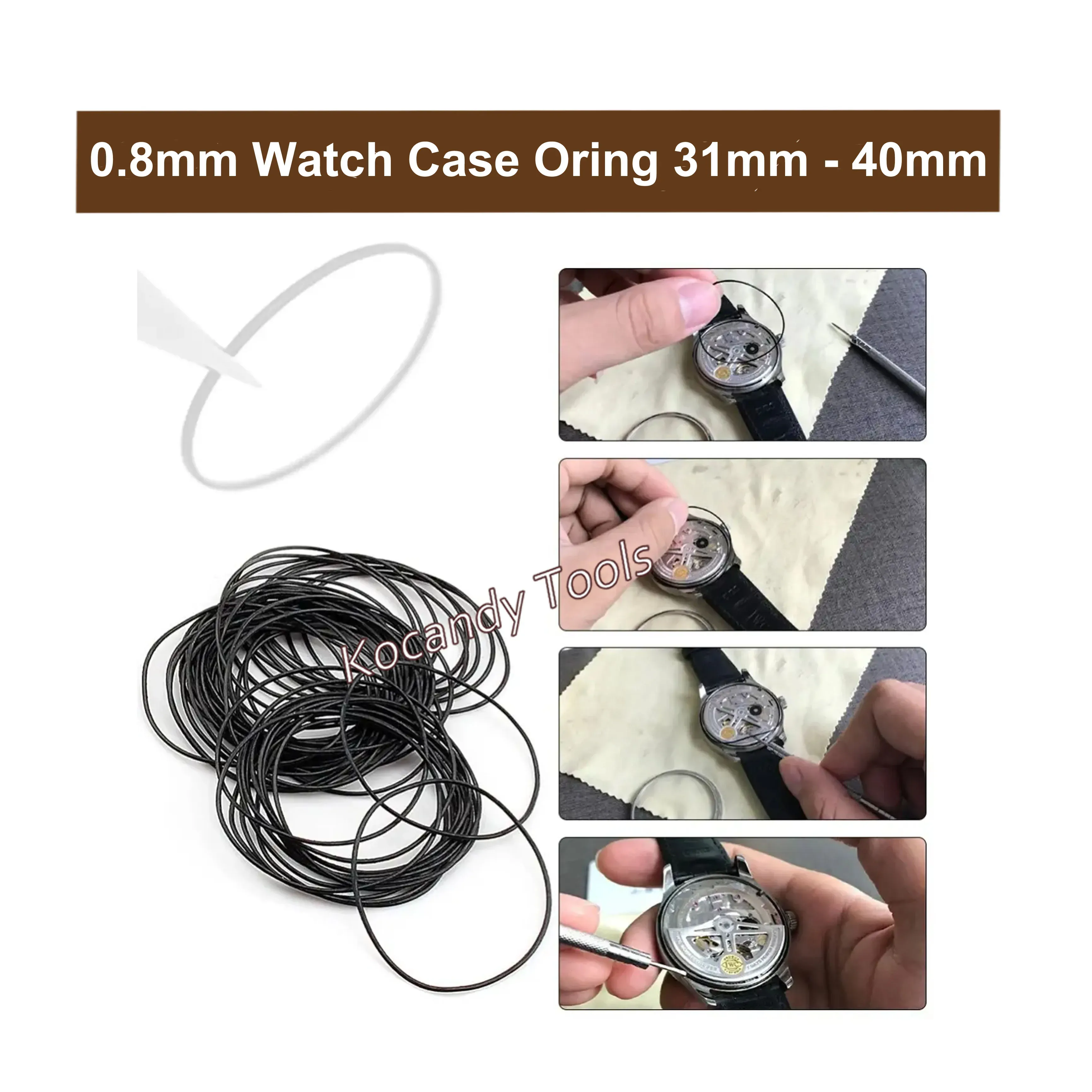 Black O-rings beside an inset photo of a watch being fitted