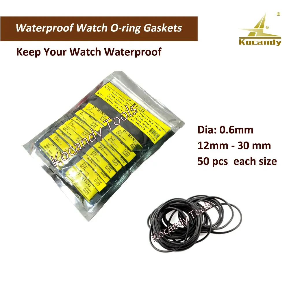 Two yellow bags of watch case back O-rings with black rings coiled below
