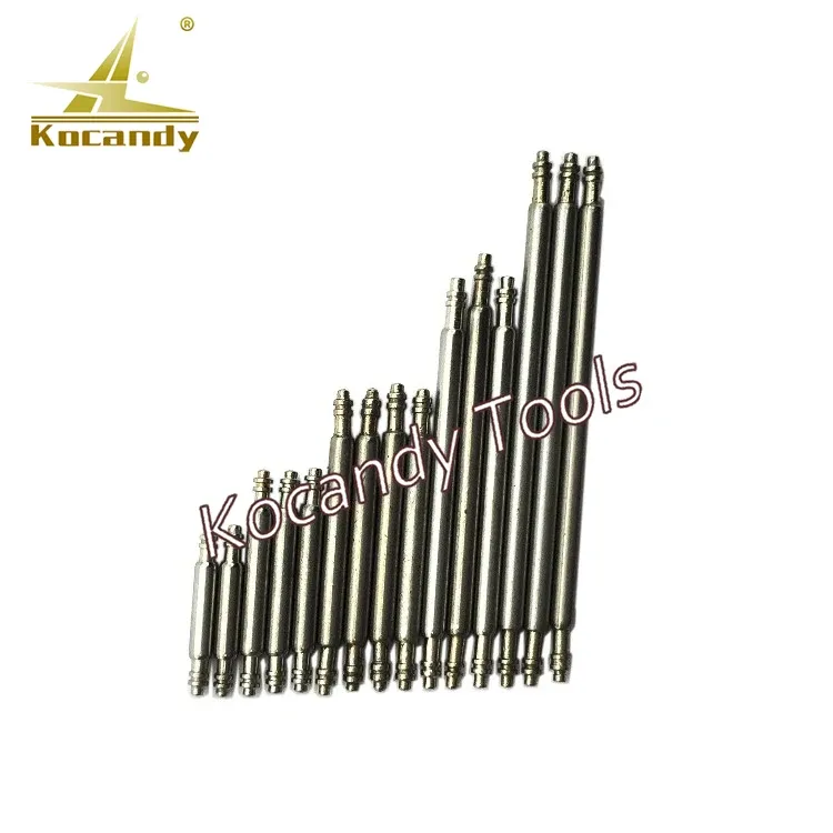 Pile of stainless steel watch spring bars on white