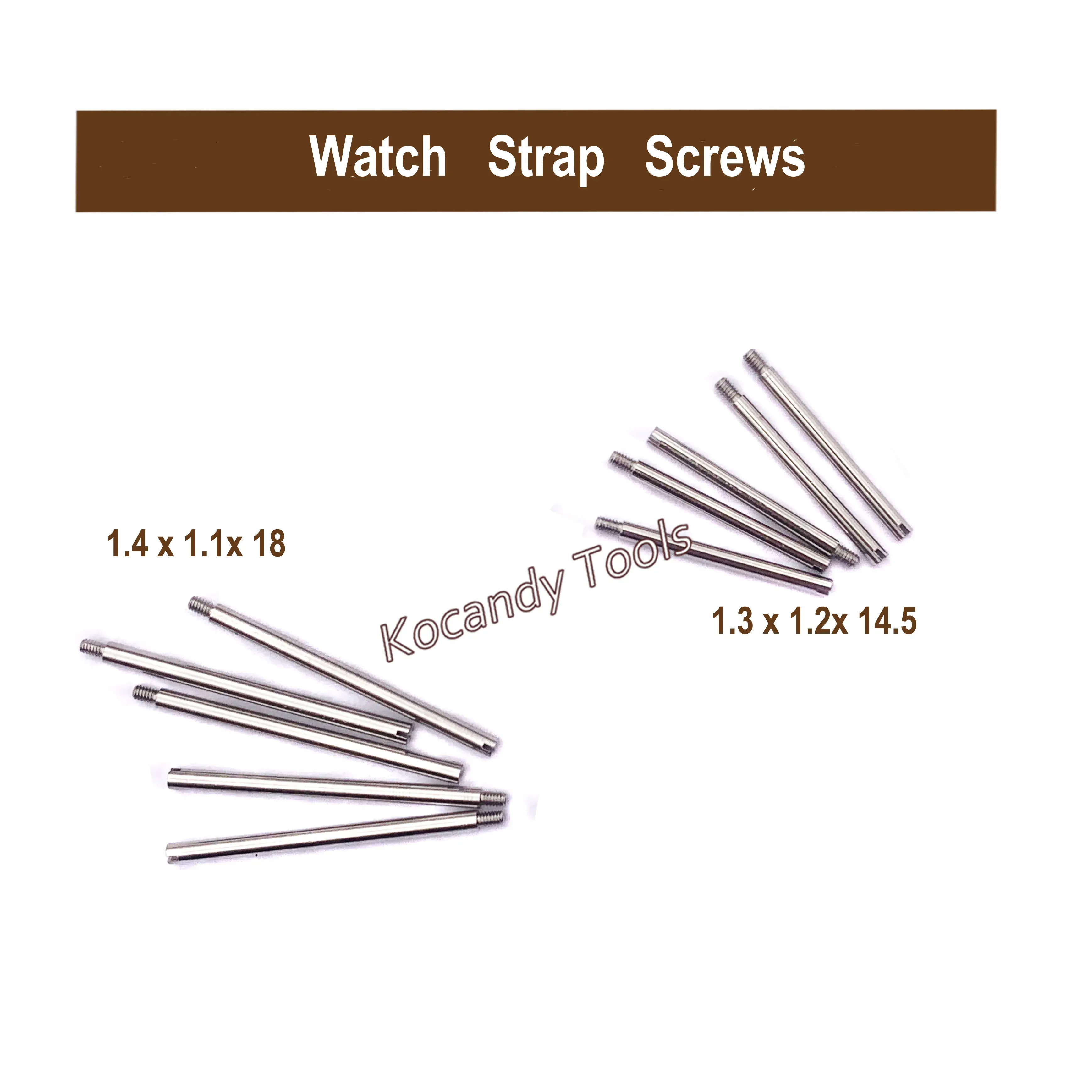 Screw pins laid diagonally with dimension labels 1.4 x 1.8 x 14 and 1.2 x 12 x 14.5