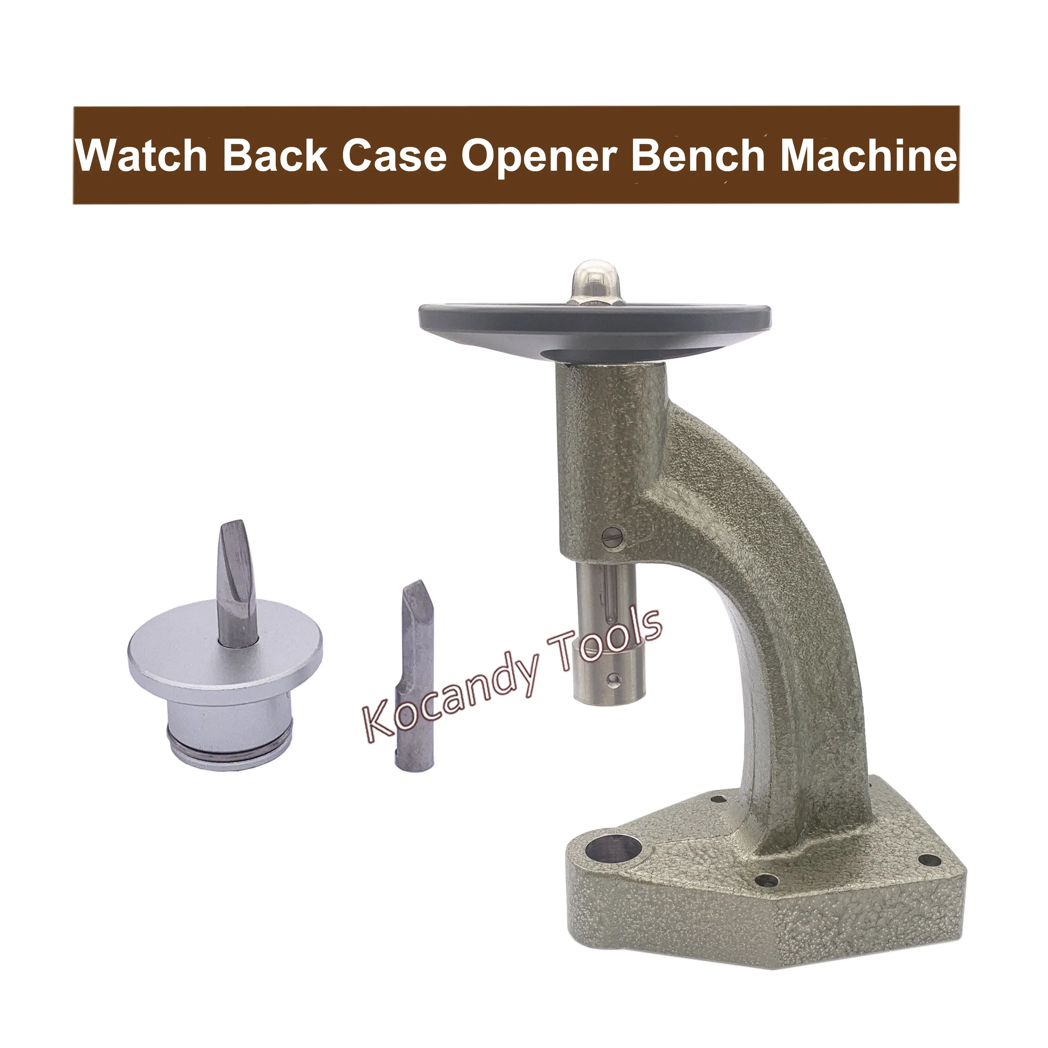 Bench case opener press with a rotating handwheel and dies beside it