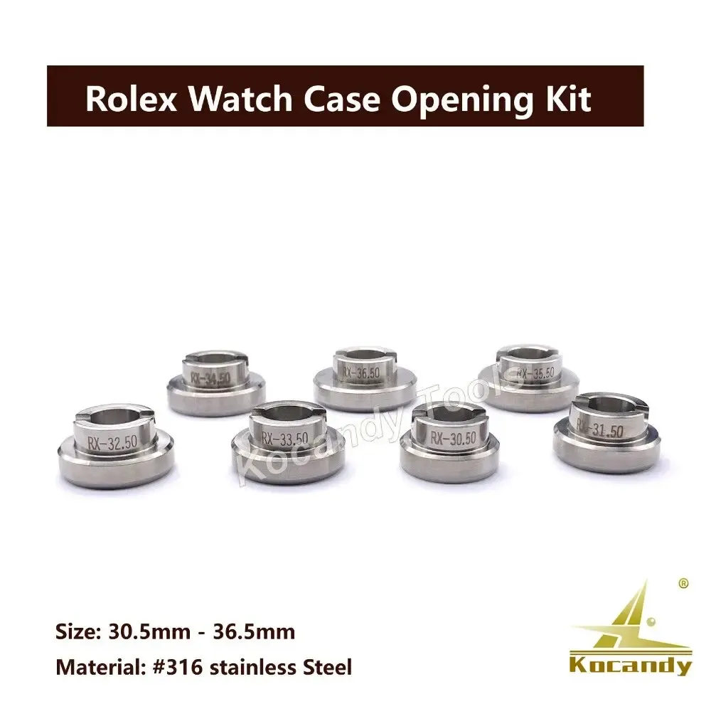 Six watch case dies arranged in a row with size callouts