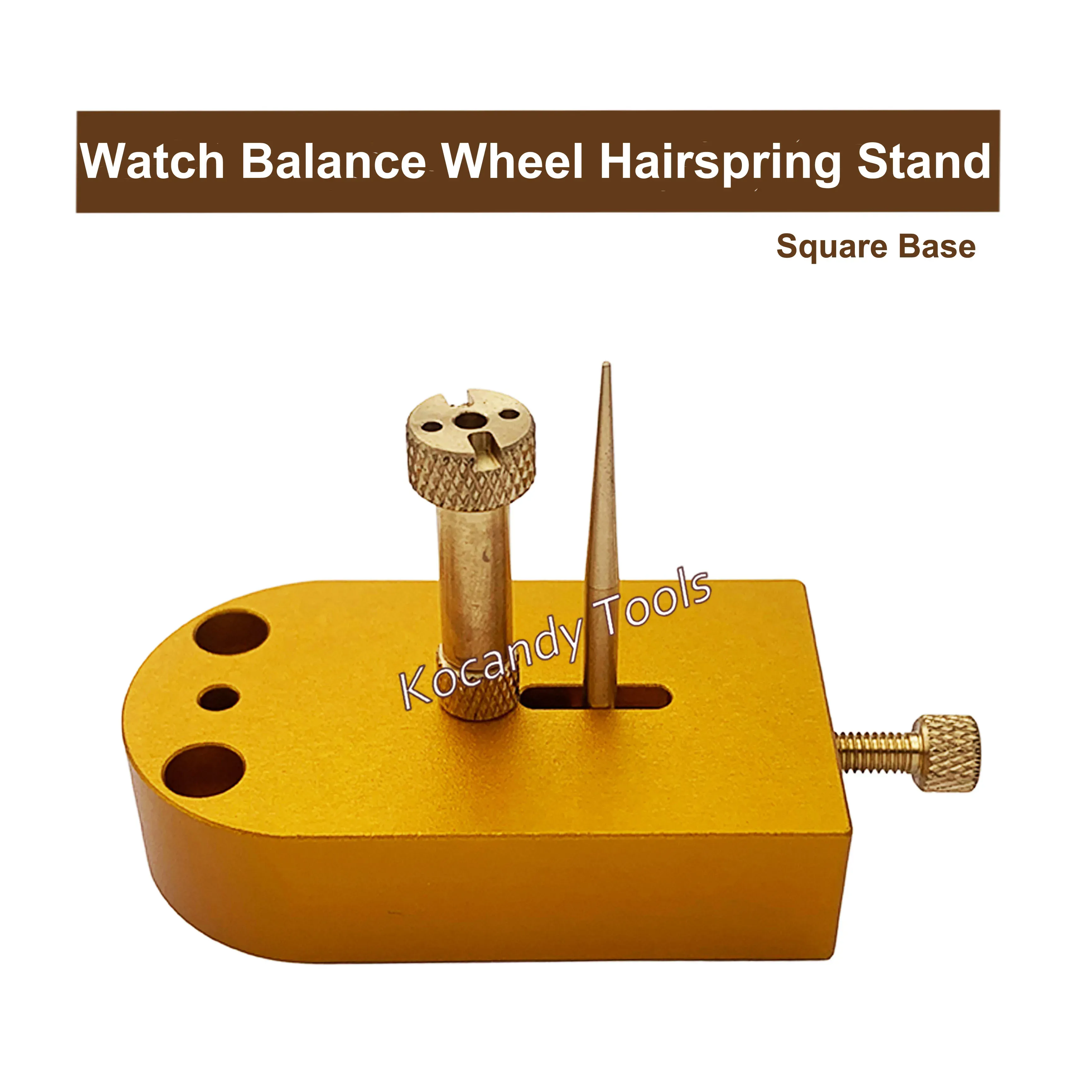 Gold square base hairspring stand with two upright support posts