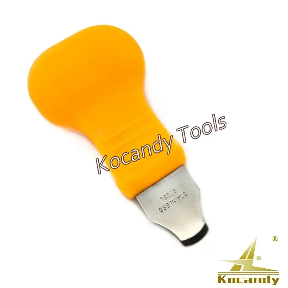 Orange-handled knife with rounded steel tip for case backs