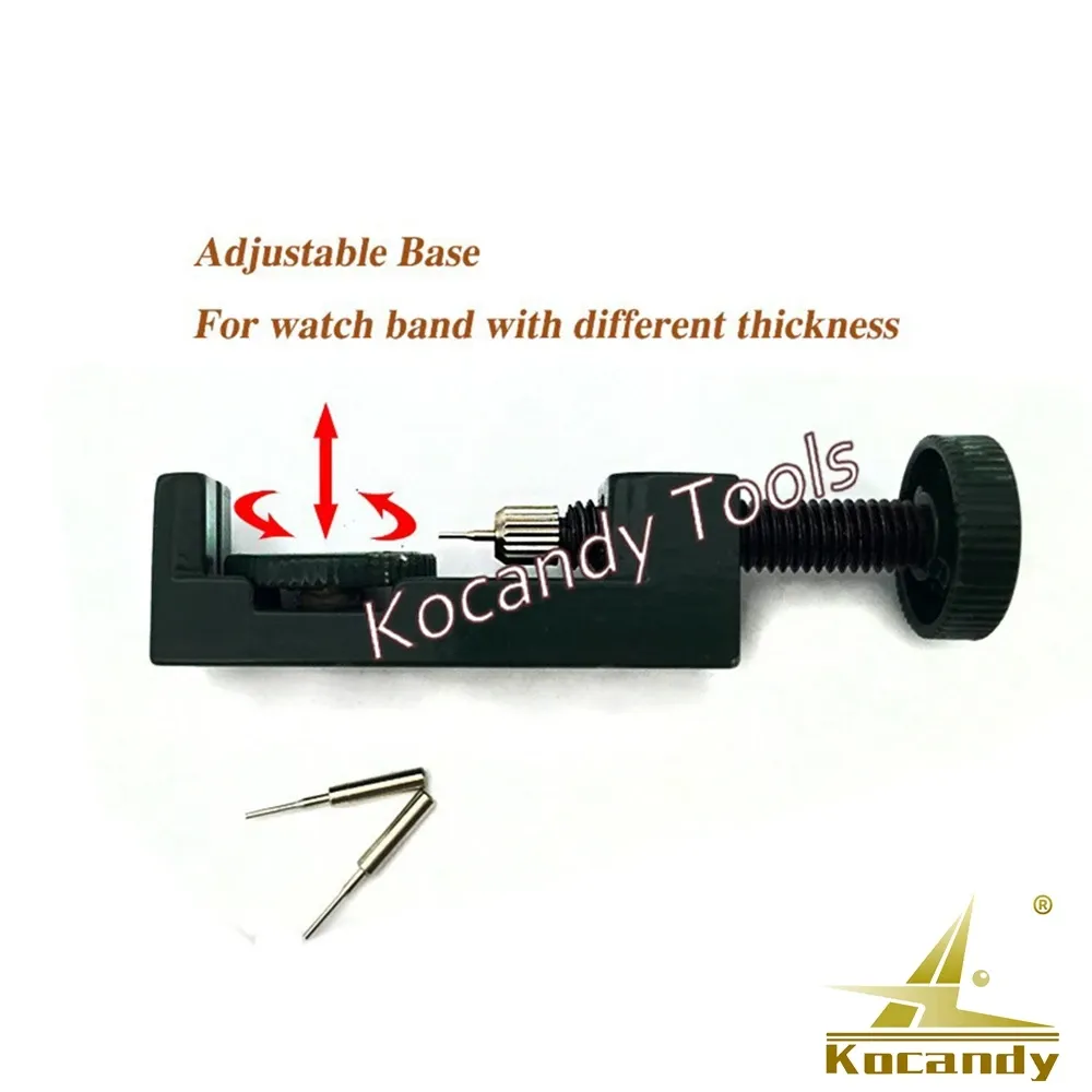 Green tool with red arrows marking the adjustable drum and pin