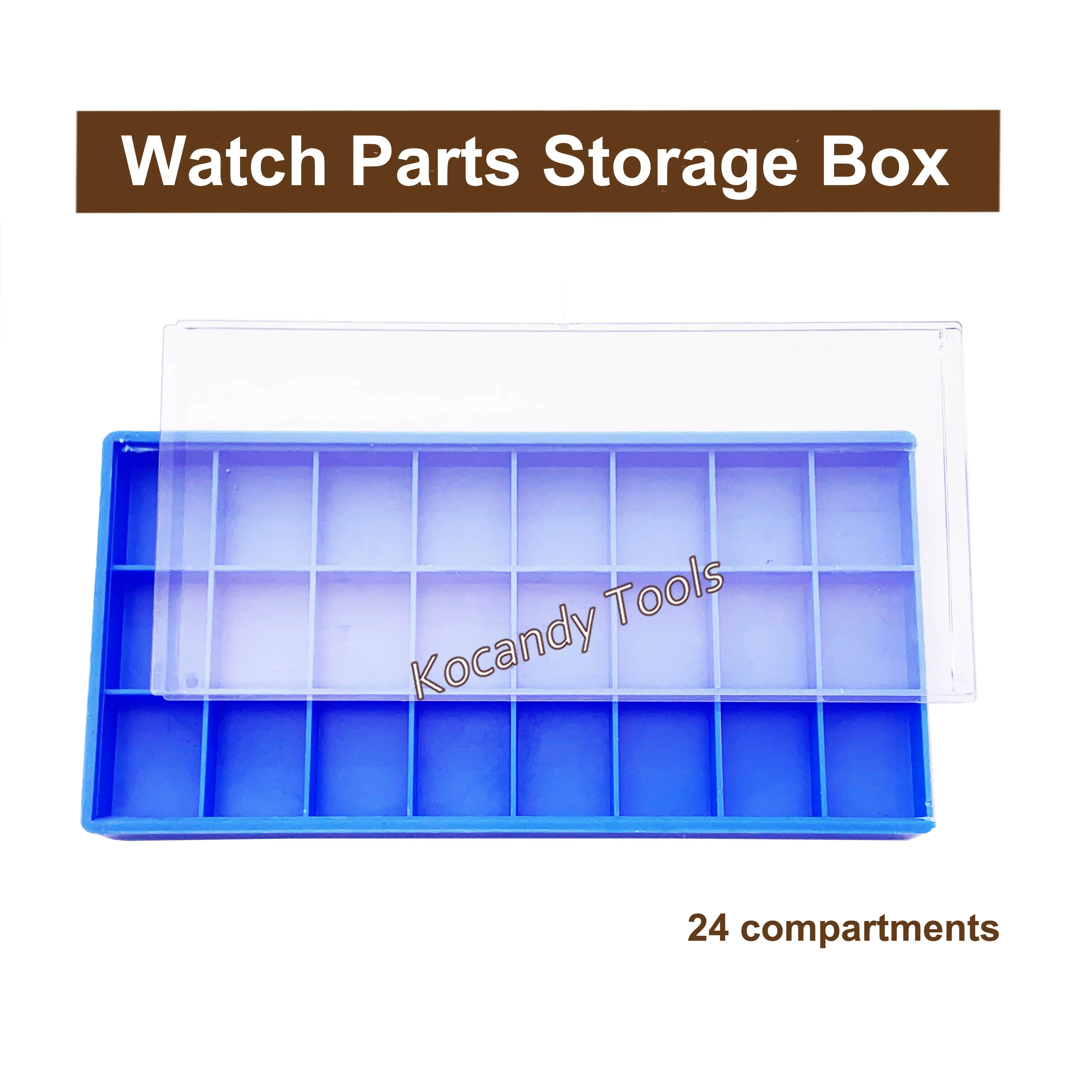 Blue plastic watch parts box with 24 compartments and sliding lid