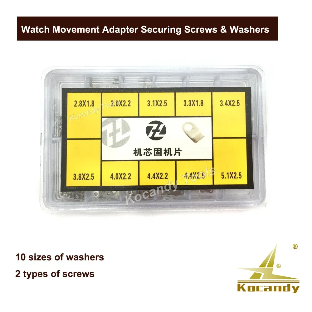 Clear plastic retail box with yellow label card listing ten washer sizes