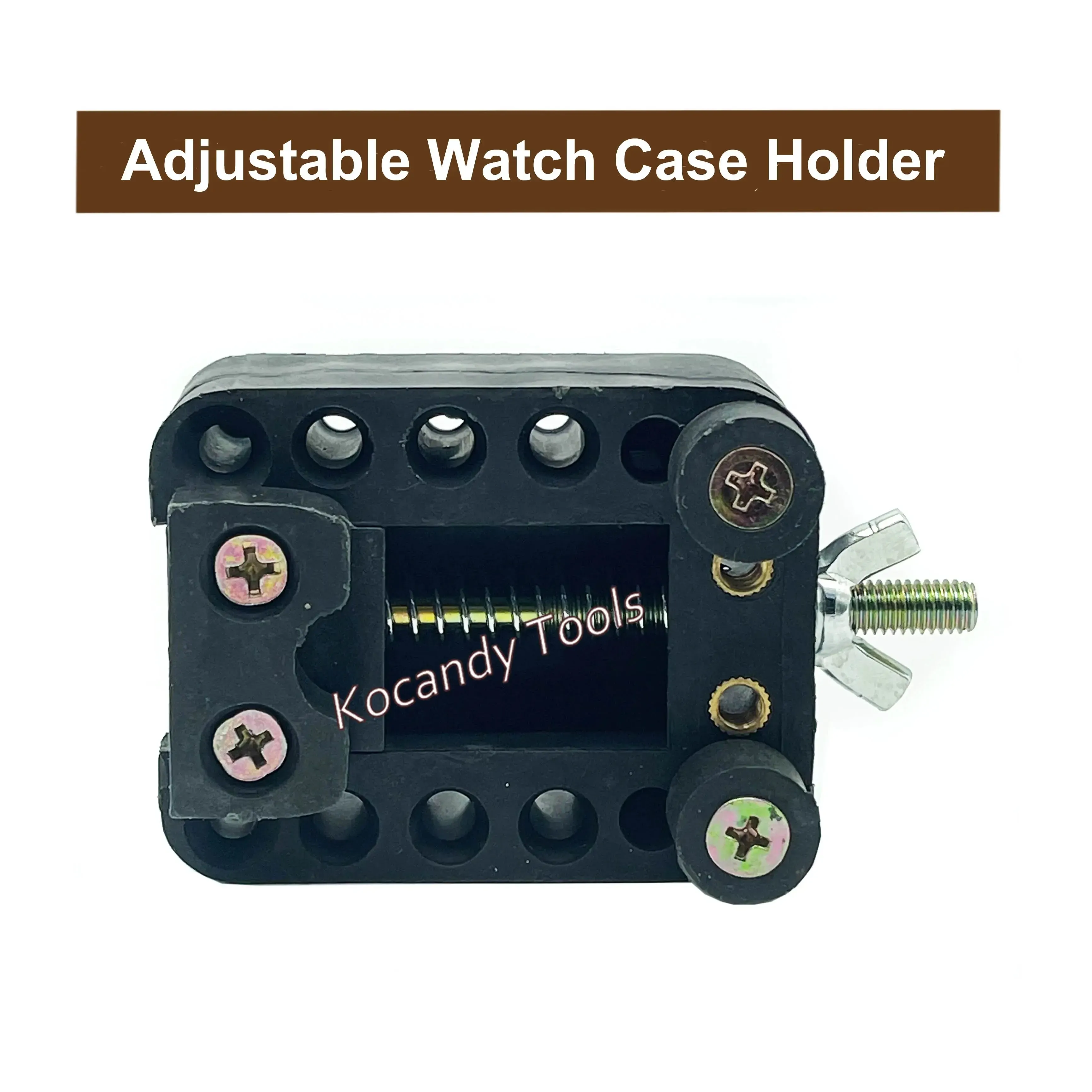 Adjustable watch case holder with a green clamping screw