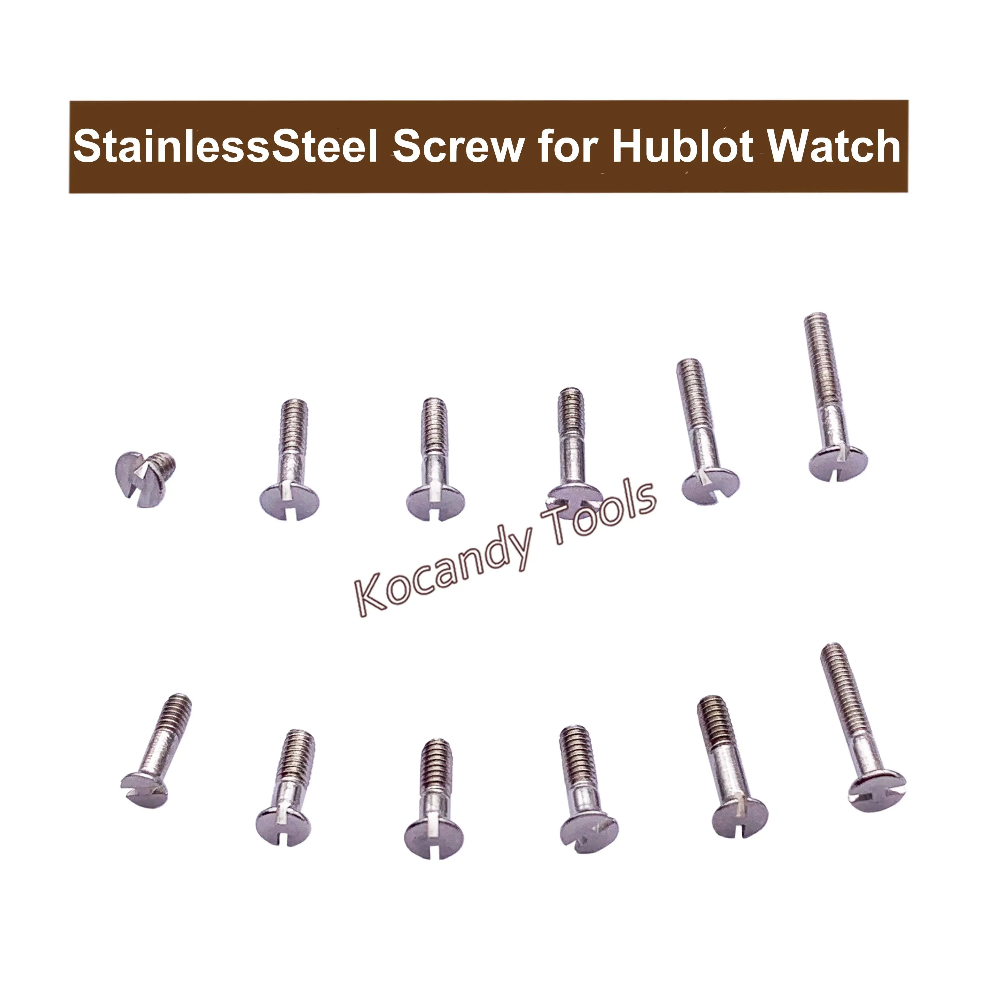 Close-up of several slotted stainless steel watch screws at angles on white