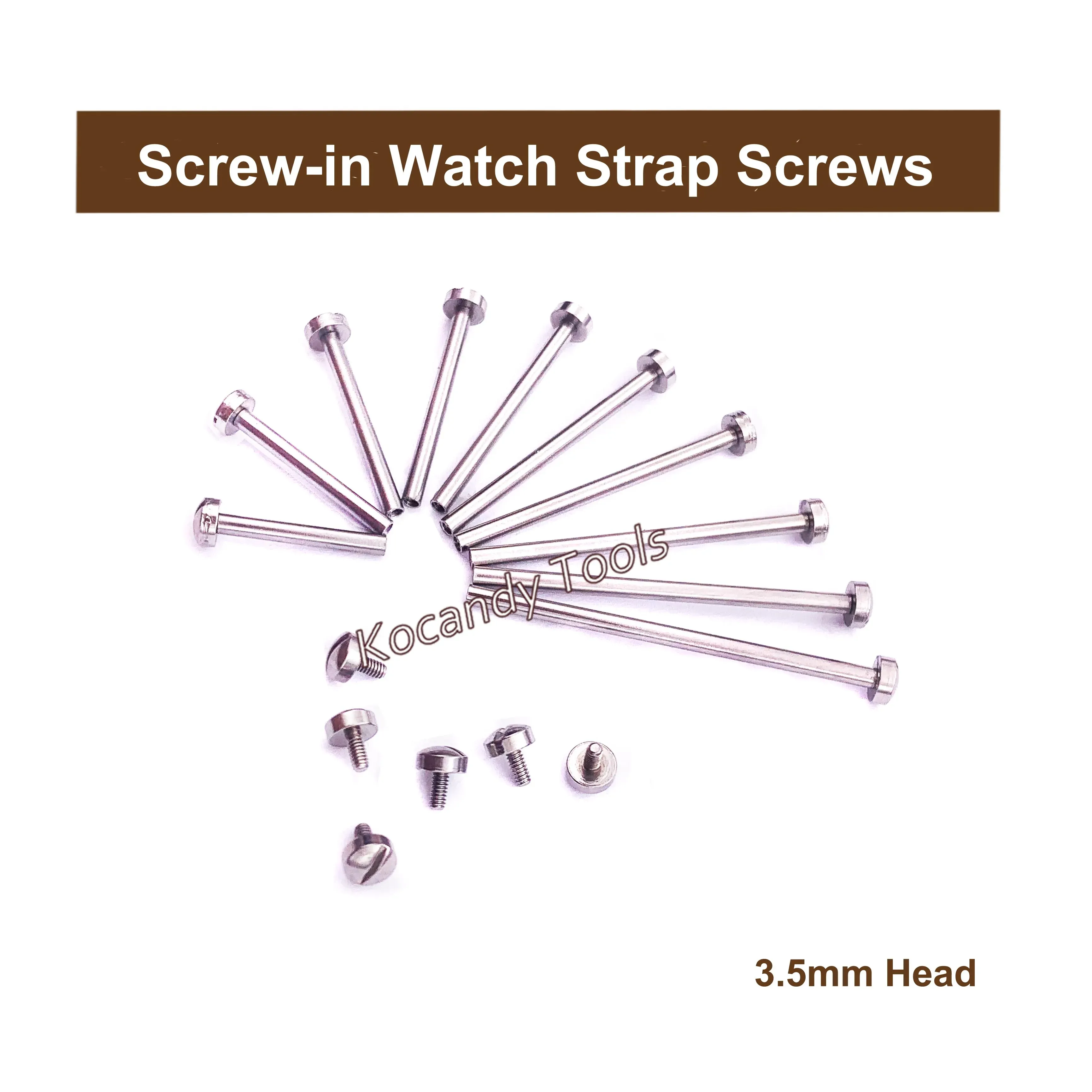 Assorted watch strap screws fanned out labelled 3.5mm head
