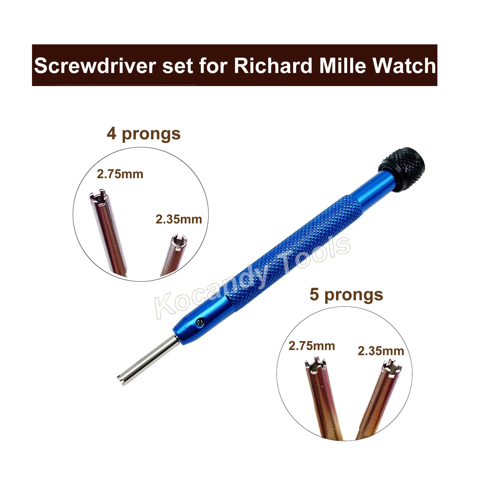 Two blue screwdrivers from the set shown with tip close-ups