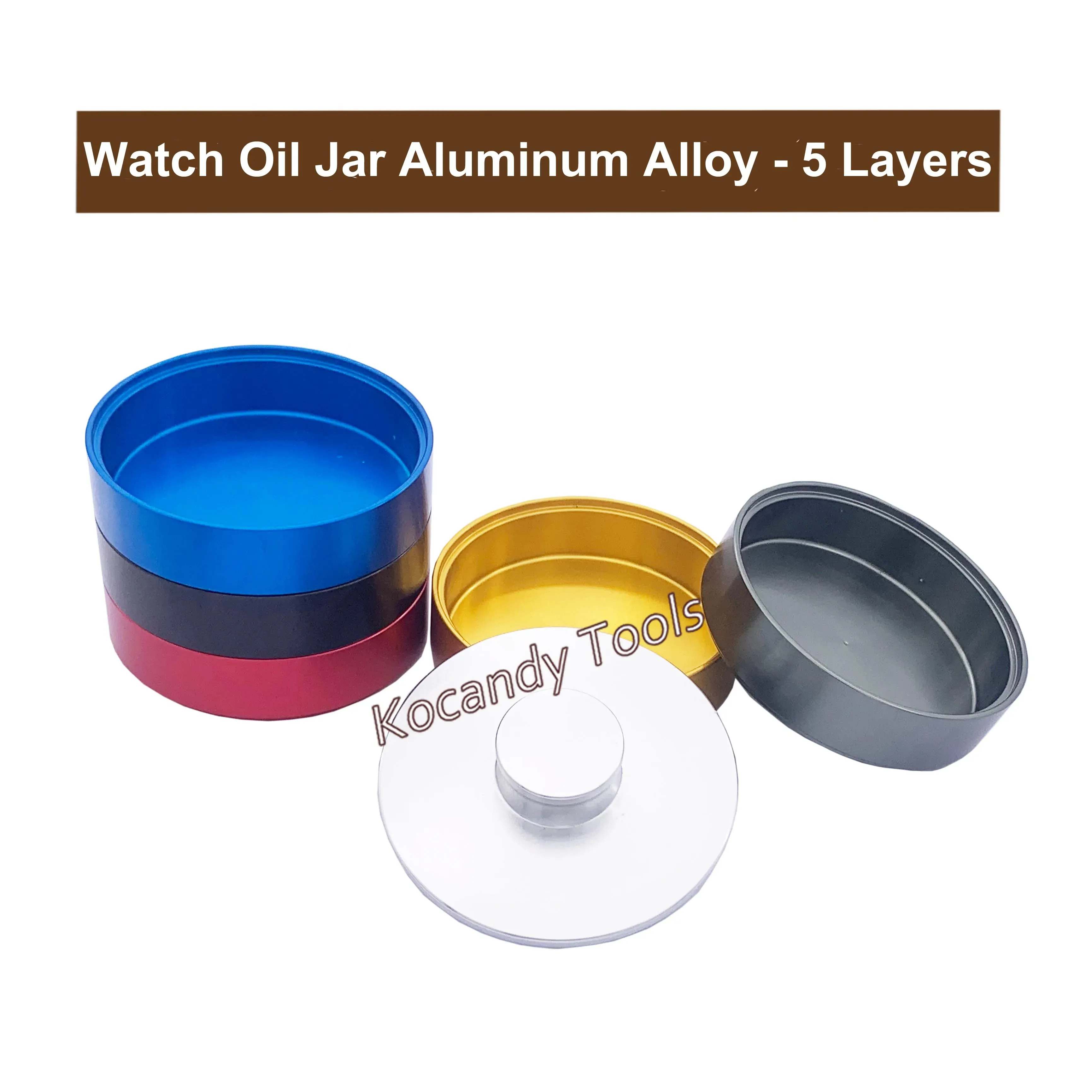 Five-layer washing jar with the layers separated and lids removed
