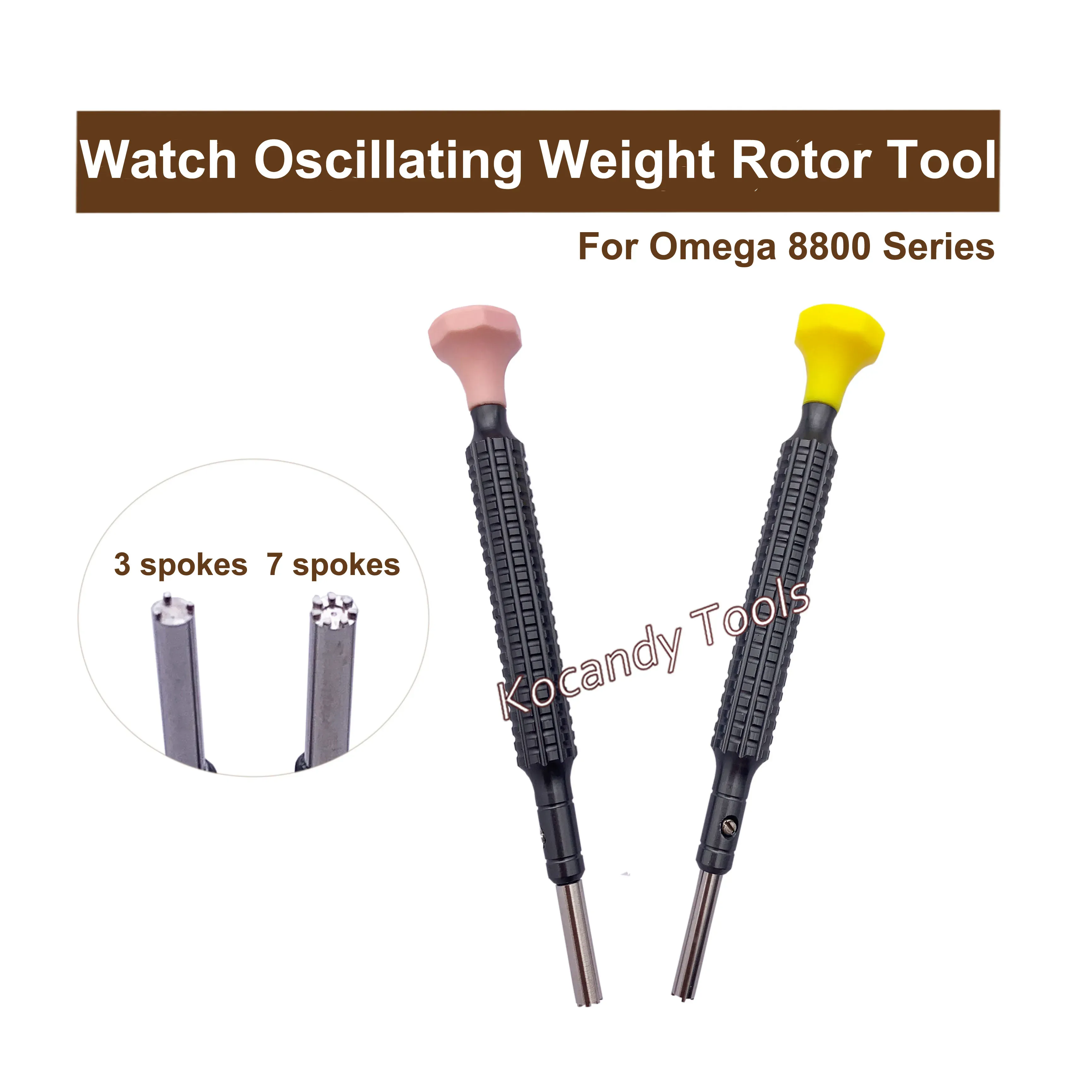 Two watch screwdrivers with yellow caps and spare 3 and 7 spoke tips