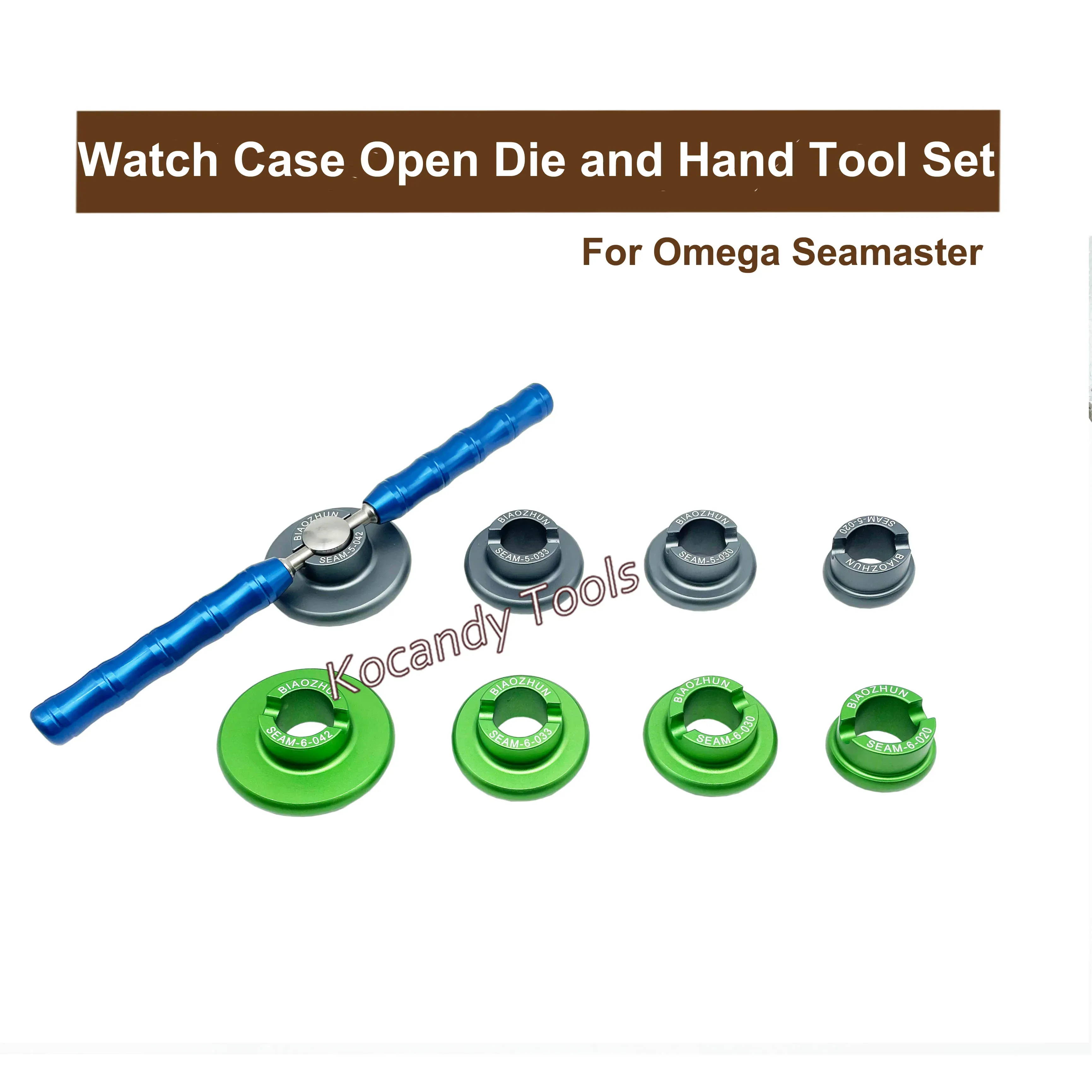 Blue wrench with a fan of six green case opener dies beside it