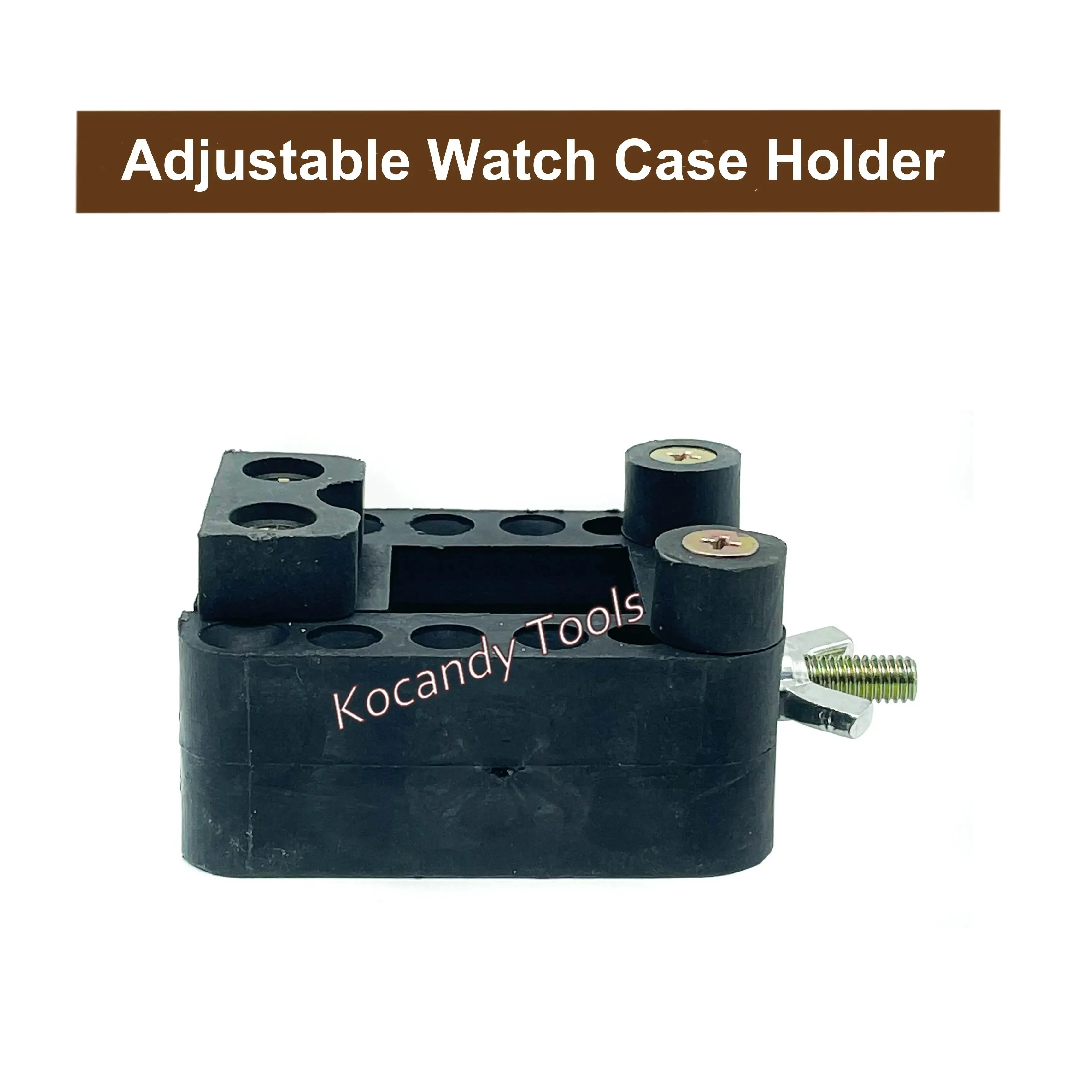 Black adjustable case holder shown in profile on white