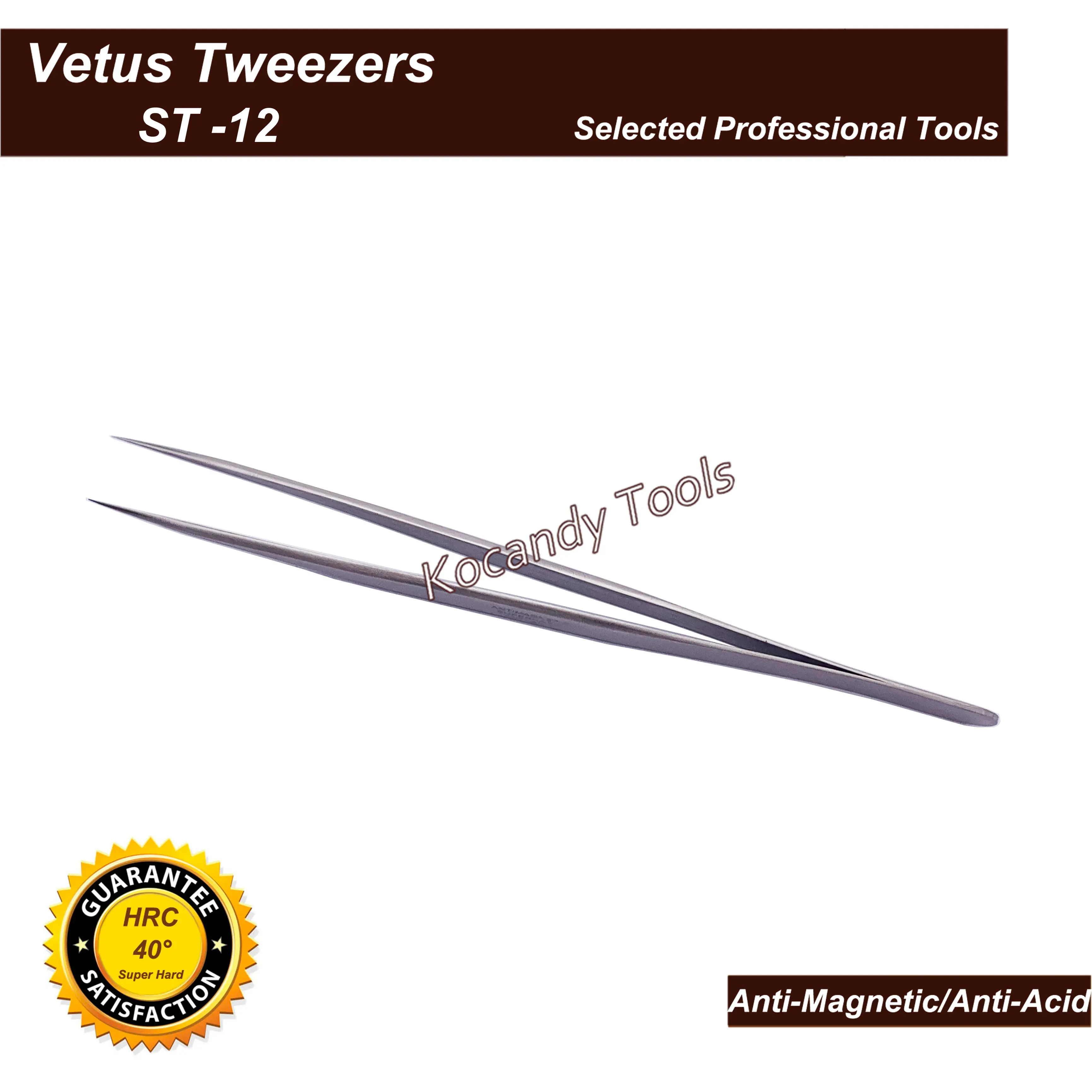 Two straight Vetus tweezers crossed on a plain white background