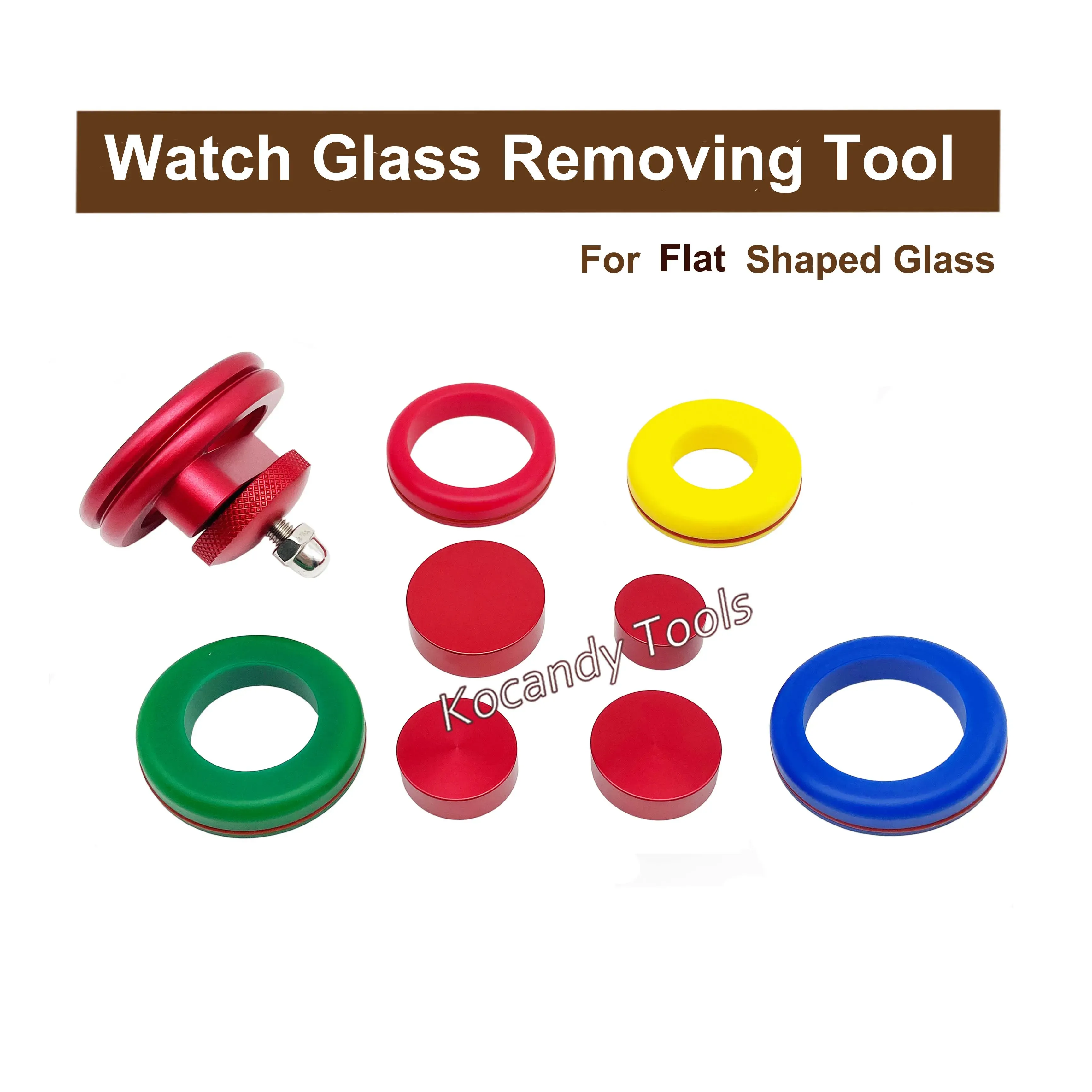 Red suction cups for watch glass shown on white background